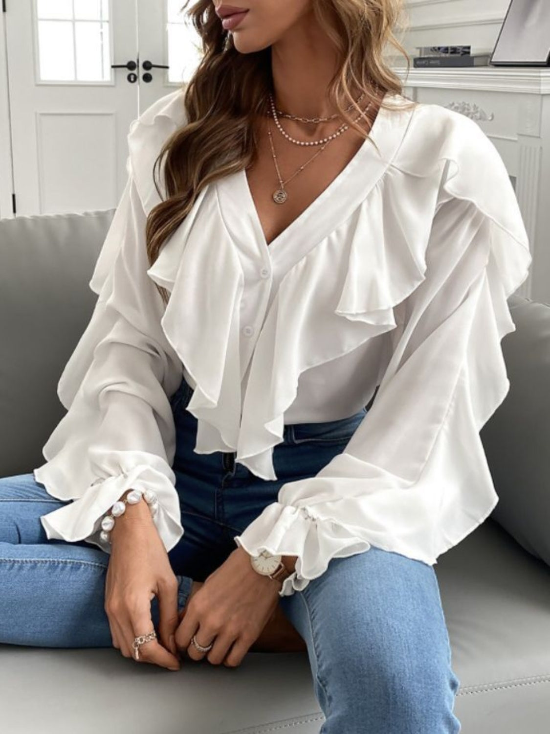 Blue Zone Planet | Full Size Ruffled V-Neck Button Down Flounce Sleeve Blouse-TOPS / DRESSES-[Adult]-[Female]-2022 Online Blue Zone Planet