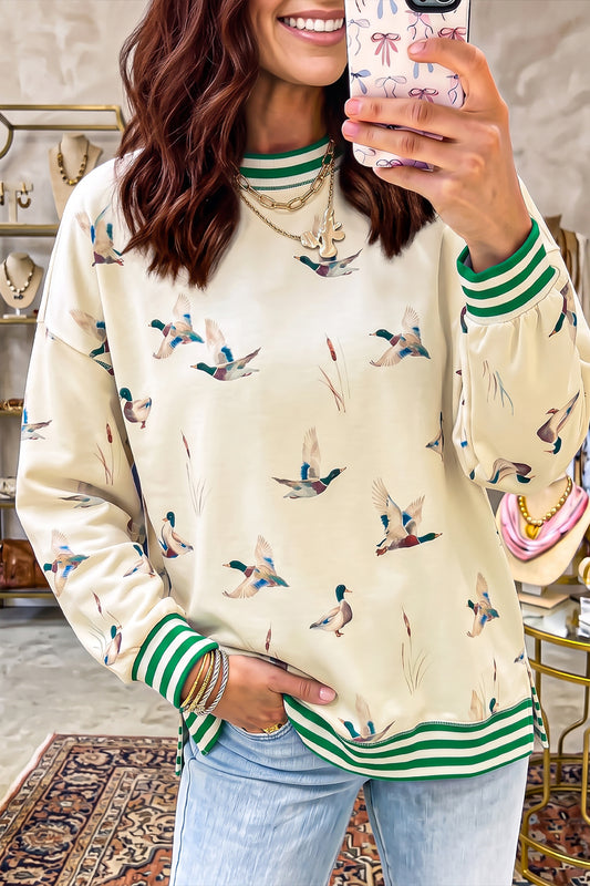 Beige Duck Print Striped Trim Cuffs Round Neck Casual Sweatshirt-Tops/Sweatshirts & Hoodies-[Adult]-[Female]-2022 Online Blue Zone Planet