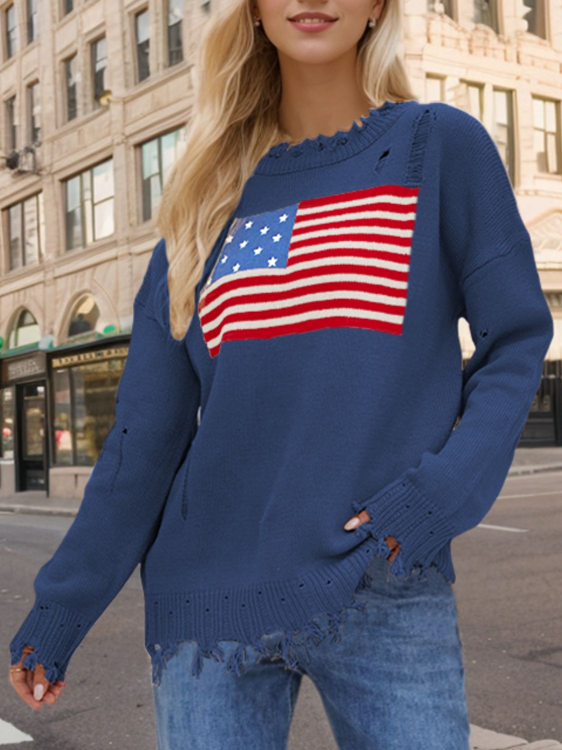 US Flag Distressed Round Neck Long Sleeve Sweater-TOPS / DRESSES-[Adult]-[Female]-2022 Online Blue Zone Planet