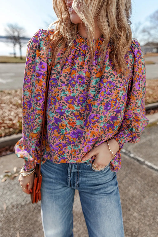 Floral Round Neck Long Sleeve Blouse-TOPS / DRESSES-[Adult]-[Female]-Purple-S-2022 Online Blue Zone Planet