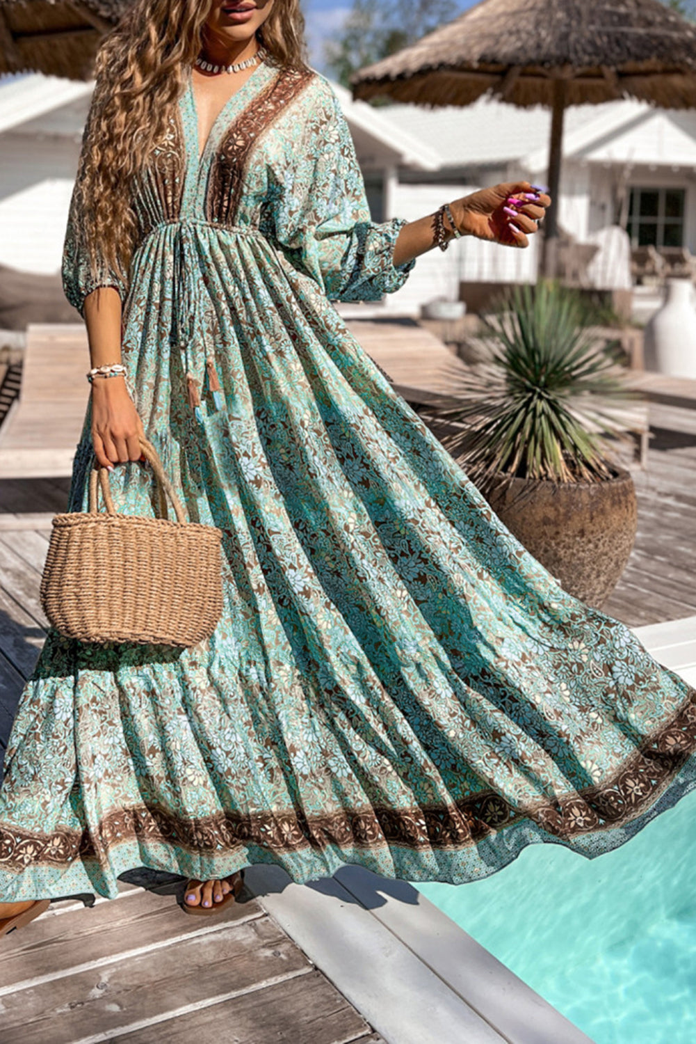 Green Boho Floral Print Lace-up Open Back High Waist Maxi Dress-Dresses/Floral Dresses-[Adult]-[Female]-Green-S-2022 Online Blue Zone Planet