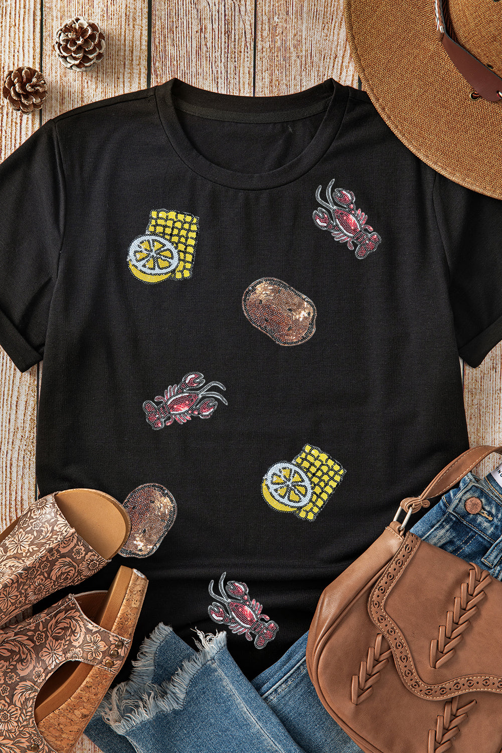 Black Sequin Crawfish Potato Lemon Corn Graphic Crewneck T Shirt-Graphic/Graphic Tees-[Adult]-[Female]-2022 Online Blue Zone Planet