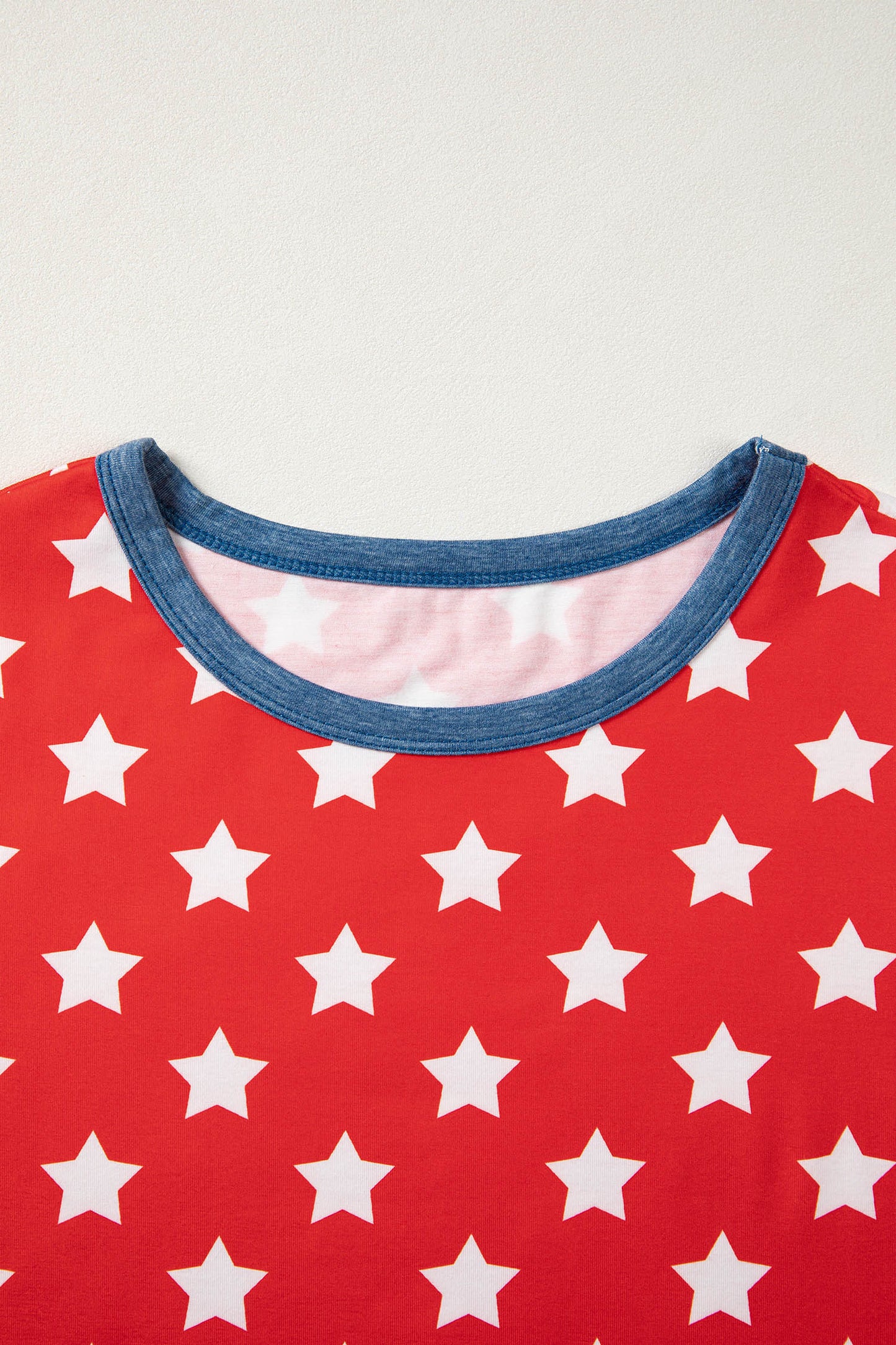 Red Stars Print Colorblock Binding Tape Collar Cuff Viscose Tunic Top-Tops/Tops & Tees-[Adult]-[Female]-2022 Online Blue Zone Planet