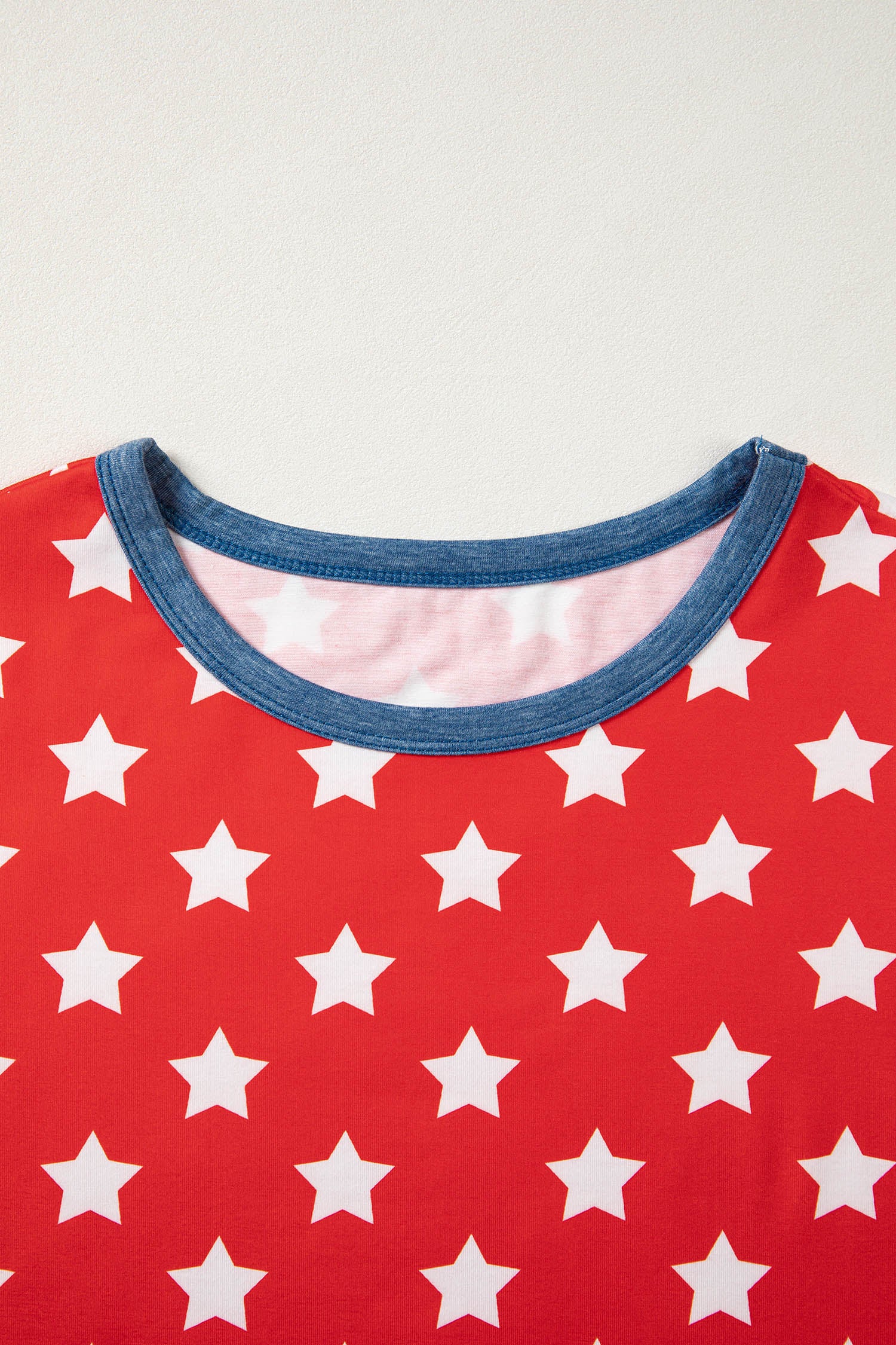 Red Stars Print Colorblock Binding Tape Collar Cuff Viscose Tunic Top-Tops/Tops & Tees-[Adult]-[Female]-2022 Online Blue Zone Planet
