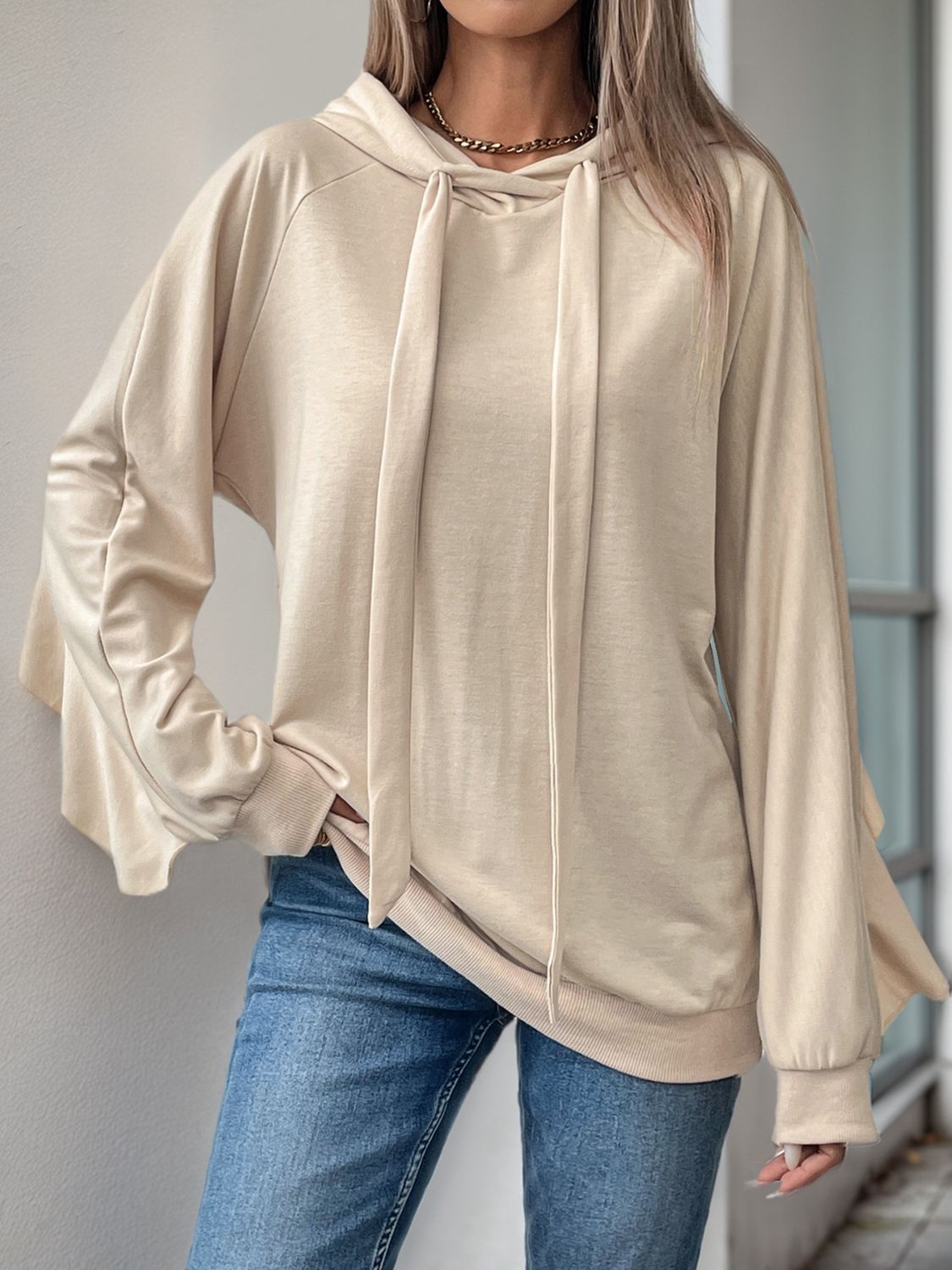 Perfee Drawstring Ruffled Long Sleeve Hoodie-TOPS / DRESSES-[Adult]-[Female]-Tan-S-2022 Online Blue Zone Planet