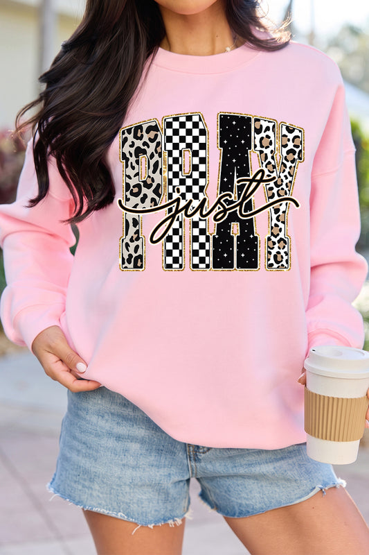 Pink Just PRAY Unique Letter Graphic Round Neck Pullover Sweatshirt-Graphic/Graphic Sweatshirts-[Adult]-[Female]-Pink-S-2022 Online Blue Zone Planet
