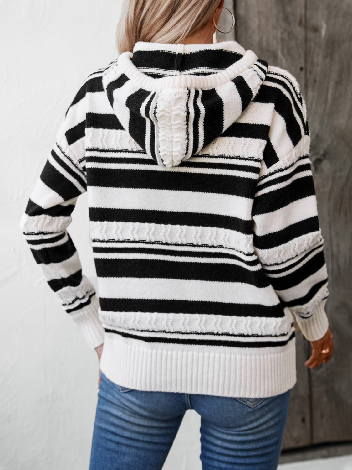 Drawstring Striped Long Sleeve Hooded Sweater-TOPS / DRESSES-[Adult]-[Female]-2022 Online Blue Zone Planet