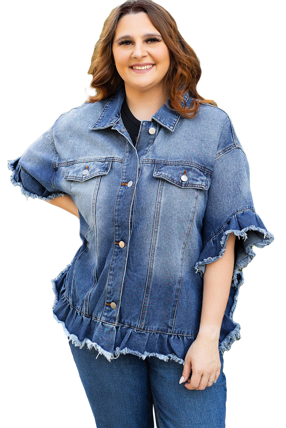 Blue Zone Planet | Peacock Blue Ruffled Frayed Short Sleeve Plus Size Denim Jacket-Plus Size/Plus Size Outerwear-[Adult]-[Female]-2022 Online Blue Zone Planet