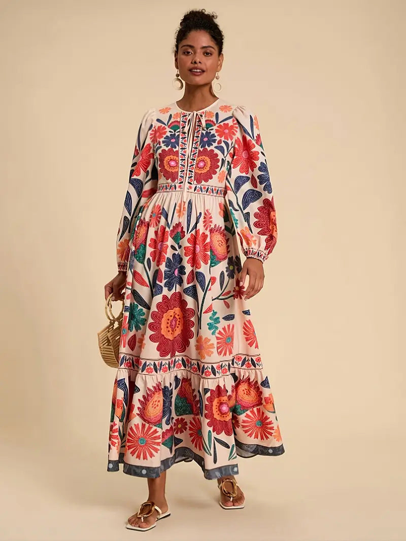 Floral Tie Waist Long Sleeve Maxi Dress - Blue Zone Planet-50% Off-[Adult]-[Female]-Floral 1-L-2022 Online Blue Zone Planet