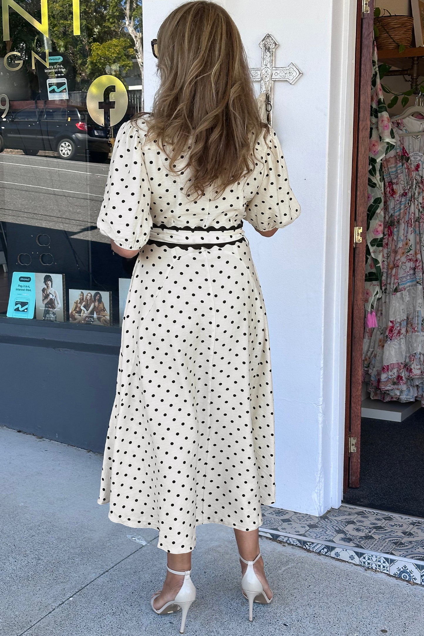 White Polka Dot Printed Contrast Scalloped Trim Shirt Collar Button Down Belted Midi Dress-Dresses/Midi Dresses-[Adult]-[Female]-2022 Online Blue Zone Planet