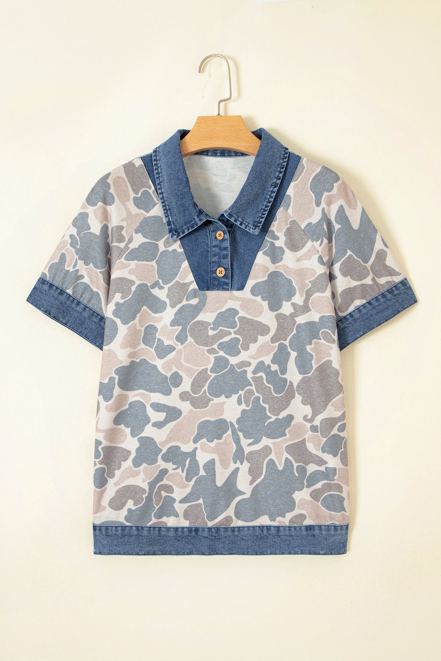 Multicolour Camouflage Print Denim Patchwork Polo Collar Tee-Tops/Tops & Tees-[Adult]-[Female]-2022 Online Blue Zone Planet