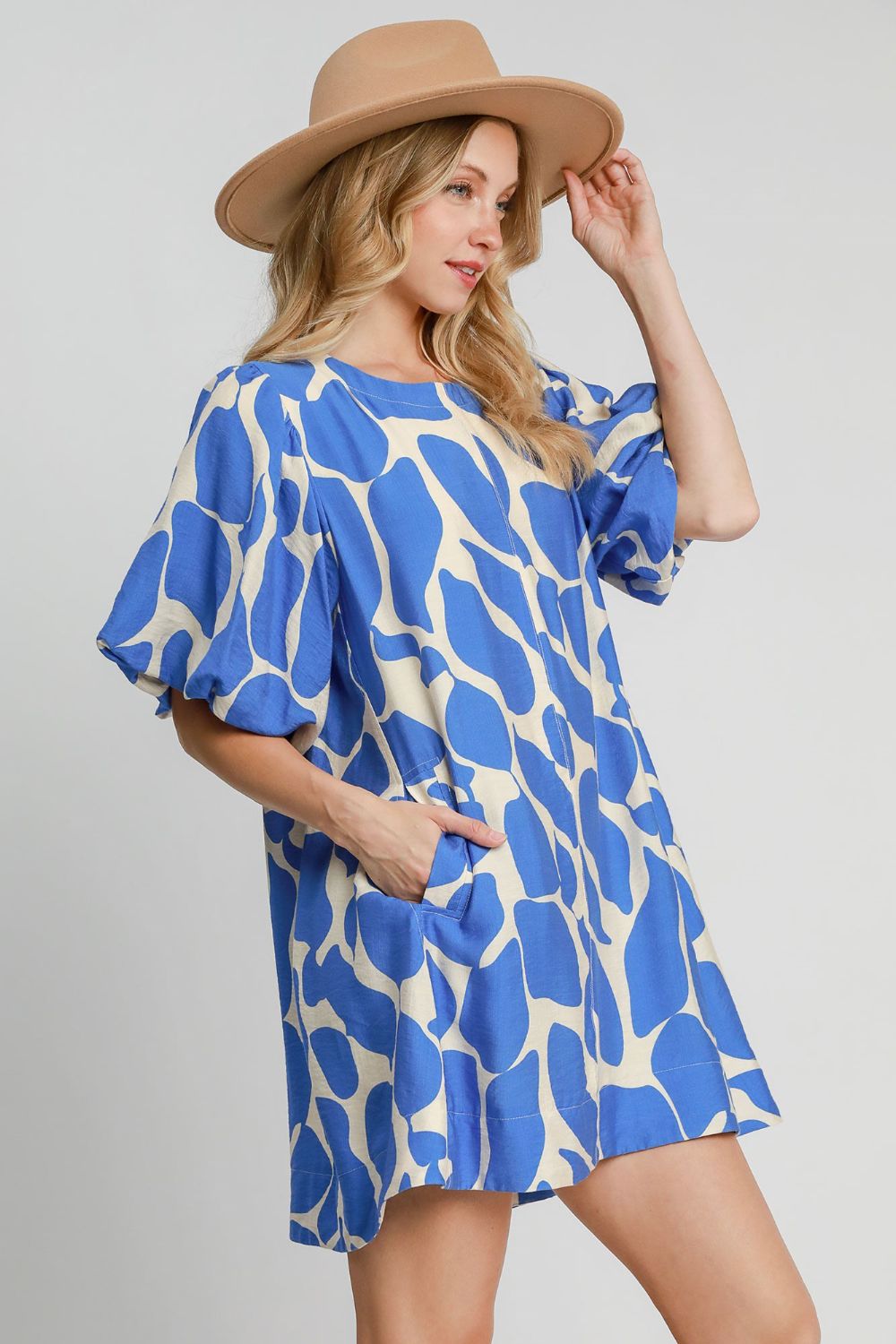 Umgee Two Tone Abstract Print Puff Sleeve Dress-TOPS / DRESSES-[Adult]-[Female]-2022 Online Blue Zone Planet