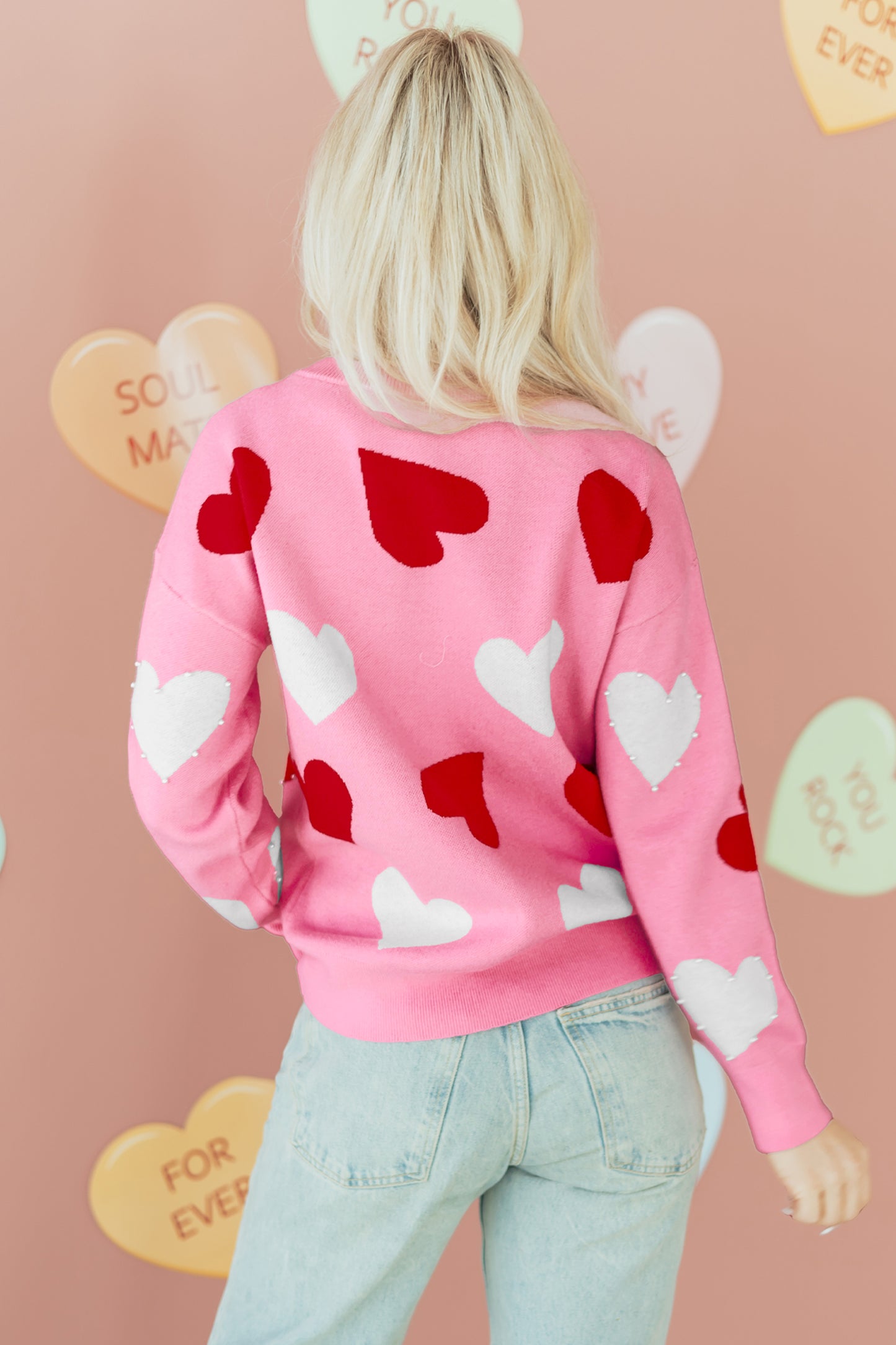 Pink Pearl Embellished Heart Pattern Valentines Day Sweater-TOPS / DRESSES-[Adult]-[Female]-2022 Online Blue Zone Planet