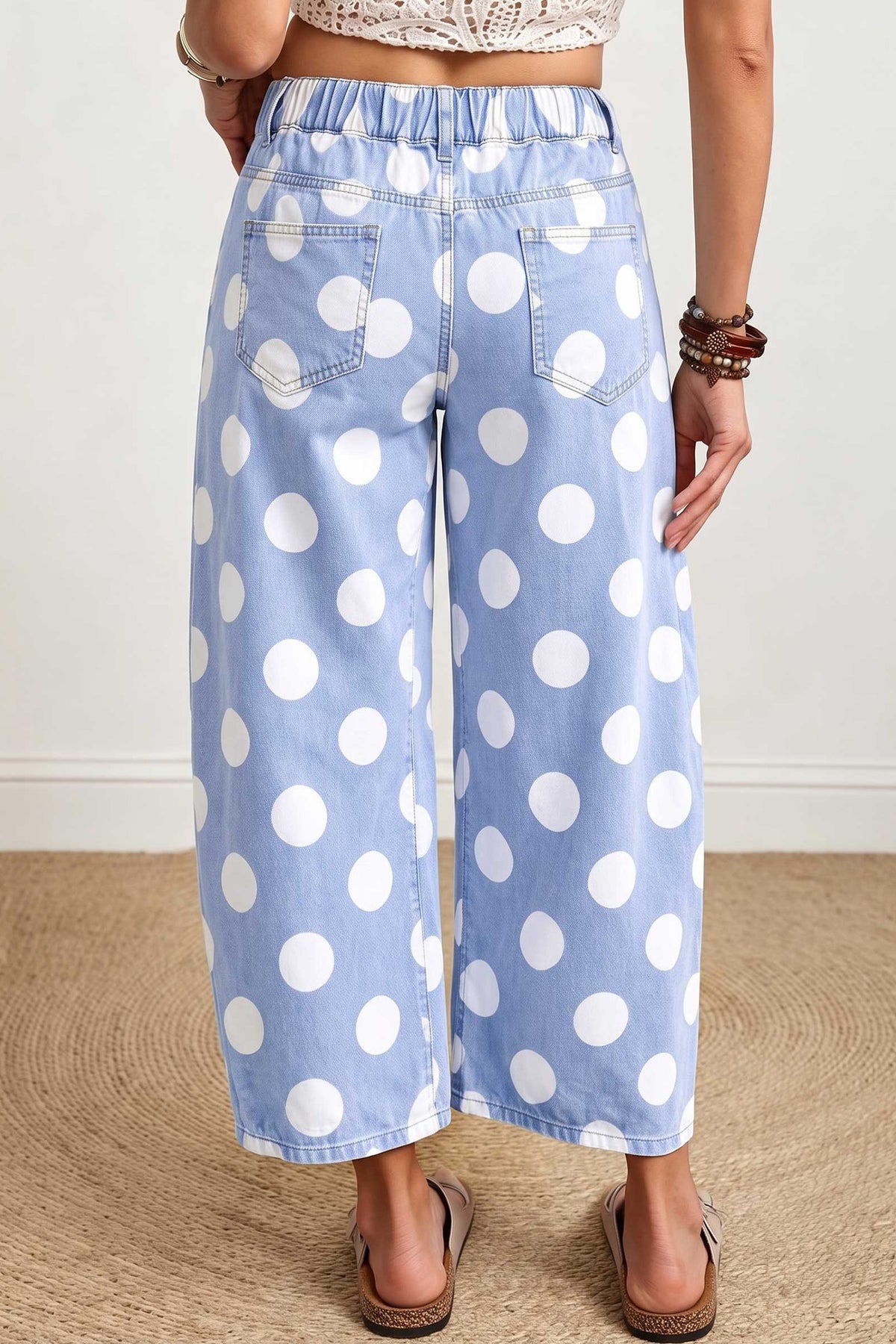 White Polka Dot Ankle-Length Barrel Jeans
