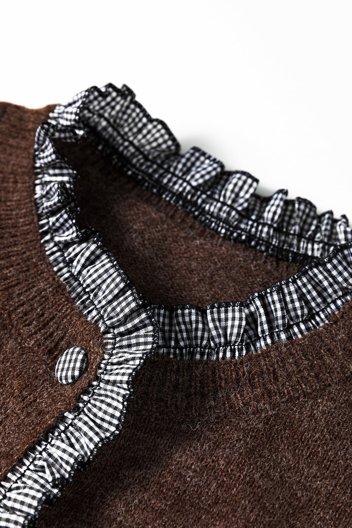 Chicory Coffee Plaid Ruffle Trim Patchwork Button Sweater Cardigan-Sweaters & Cardigans/Cardigans-[Adult]-[Female]-2022 Online Blue Zone Planet