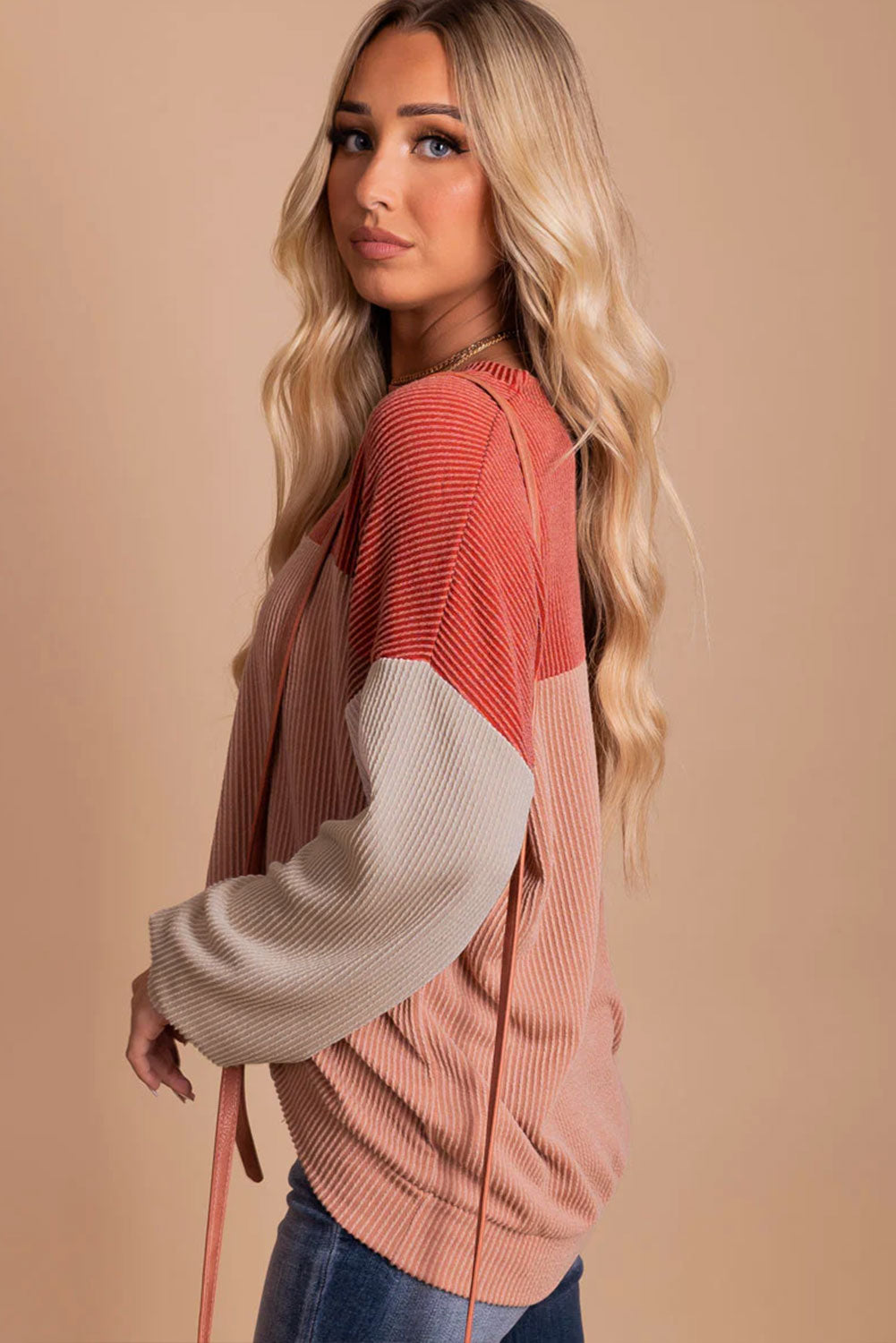 Green Color Block Long Sleeve Ribbed Loose Top-Sale (50% OFF)/30% OFF-[Adult]-[Female]-2022 Online Blue Zone Planet