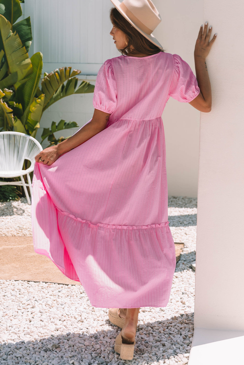 Pink Stripe V Neck Puff Short Sleeve Maxi Dress-Dresses/Maxi Dresses-[Adult]-[Female]-2022 Online Blue Zone Planet