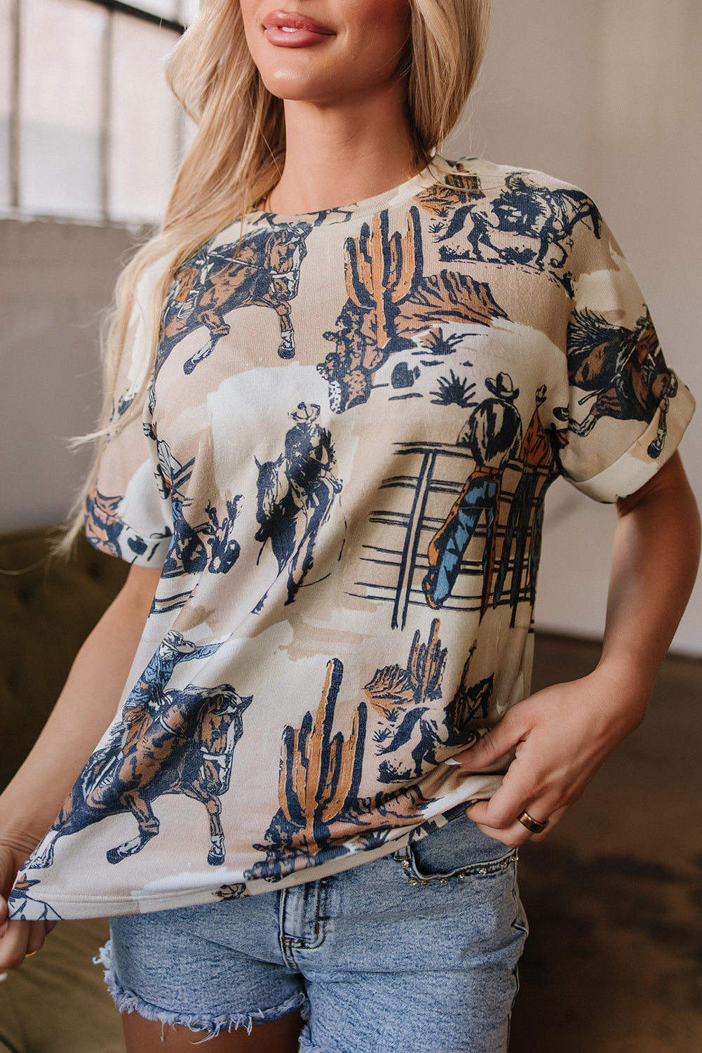 Khaki Western Cowboy Print Cuffed Sleeve Crewneck T Shirt-Tops/Tops & Tees-[Adult]-[Female]-2022 Online Blue Zone Planet