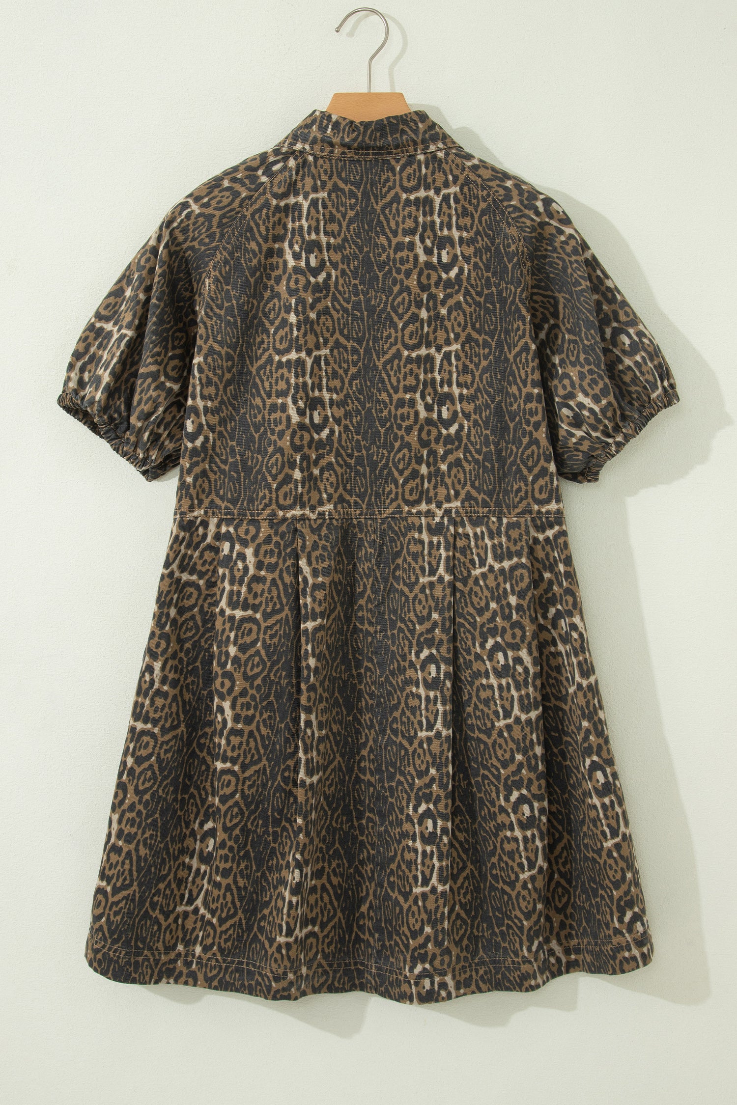 Gray Leopard Print Short Sleeve Pleated Denim Mini Dress-TOPS / DRESSES-[Adult]-[Female]-2022 Online Blue Zone Planet