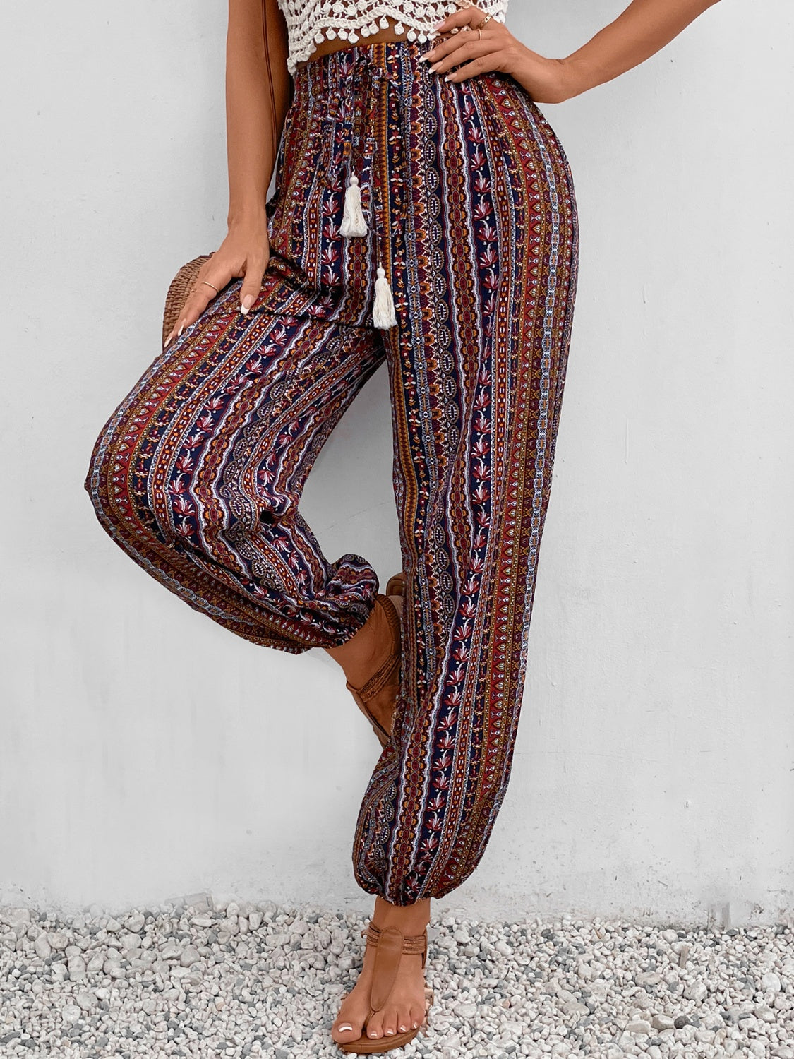 Tassel Printed High Waist Pants-BOTTOMS SIZES SMALL MEDIUM LARGE-[Adult]-[Female]-2022 Online Blue Zone Planet