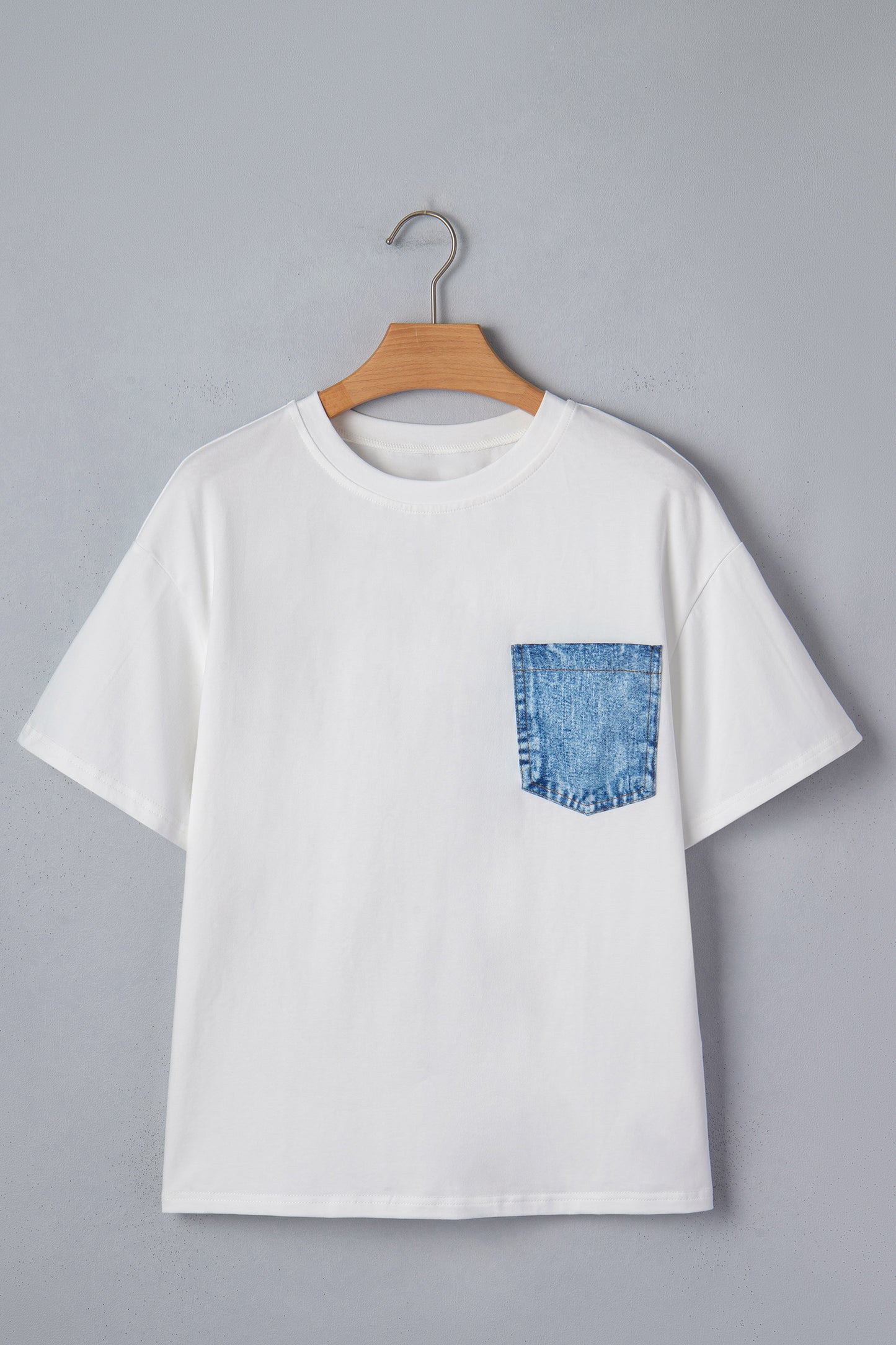 Sail Blue Color Block Chest Pocket Patched Casual Short Sleeve Top-Tops/Tops & Tees-[Adult]-[Female]-2022 Online Blue Zone Planet