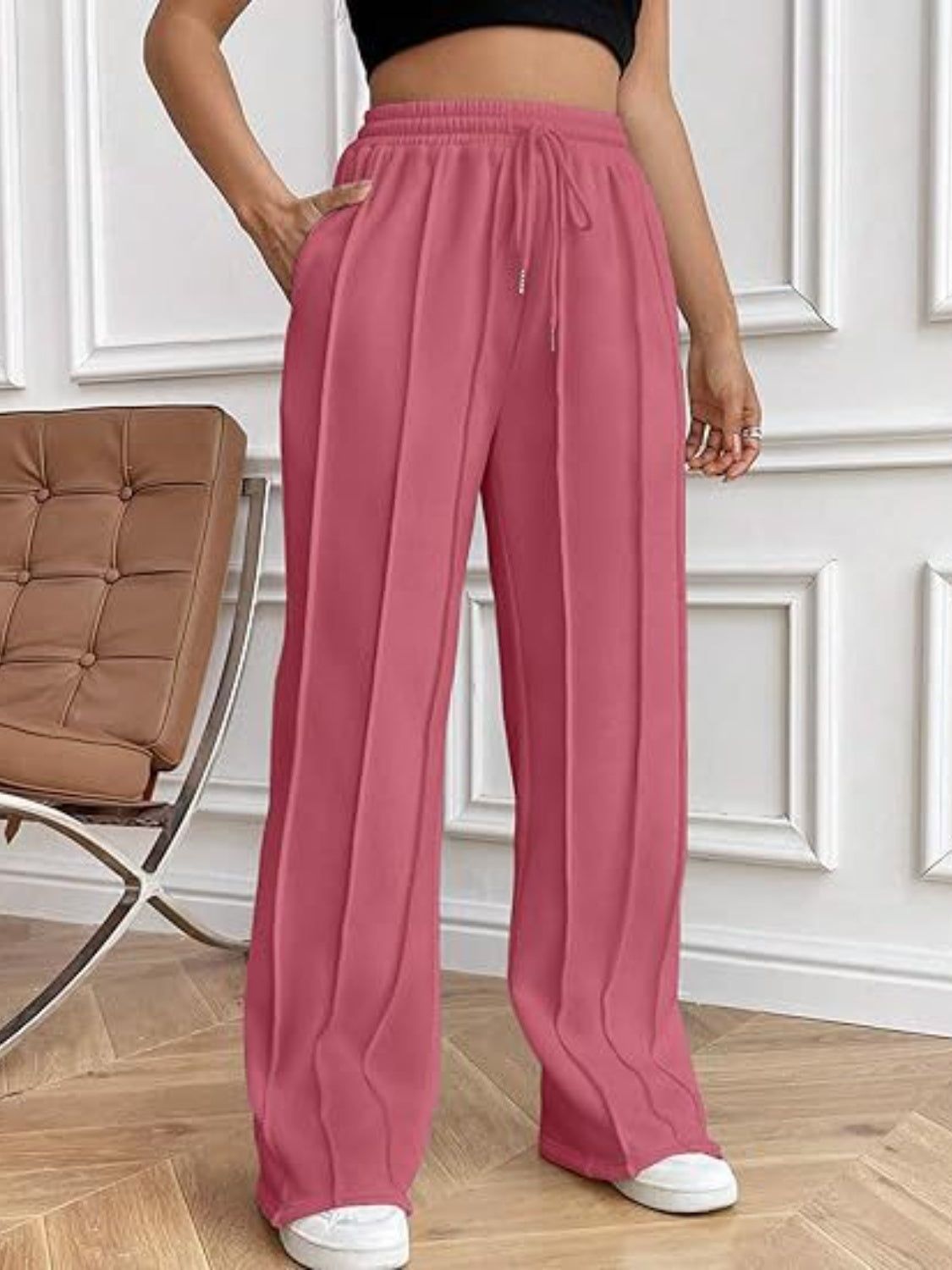 Blue Zone Planet | Drawstring Wide Leg Pants with Pockets-TOPS / DRESSES-[Adult]-[Female]-Deep Rose-S-2022 Online Blue Zone Planet