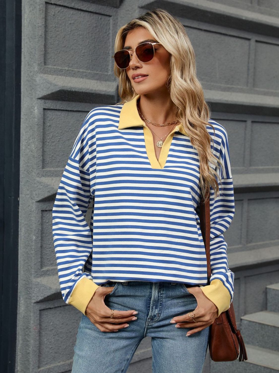 Striped Johnny Collar Long Sleeve Sweatshirt-TOPS / DRESSES-[Adult]-[Female]-2022 Online Blue Zone Planet