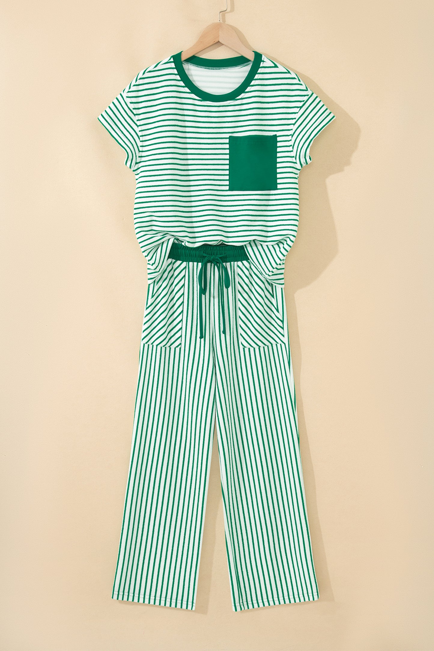 Sky Blue Stripe Crew Neck Tee Drawstring Waist Cropped Pants Set-Two Piece Sets/Pant Sets-[Adult]-[Female]-2022 Online Blue Zone Planet