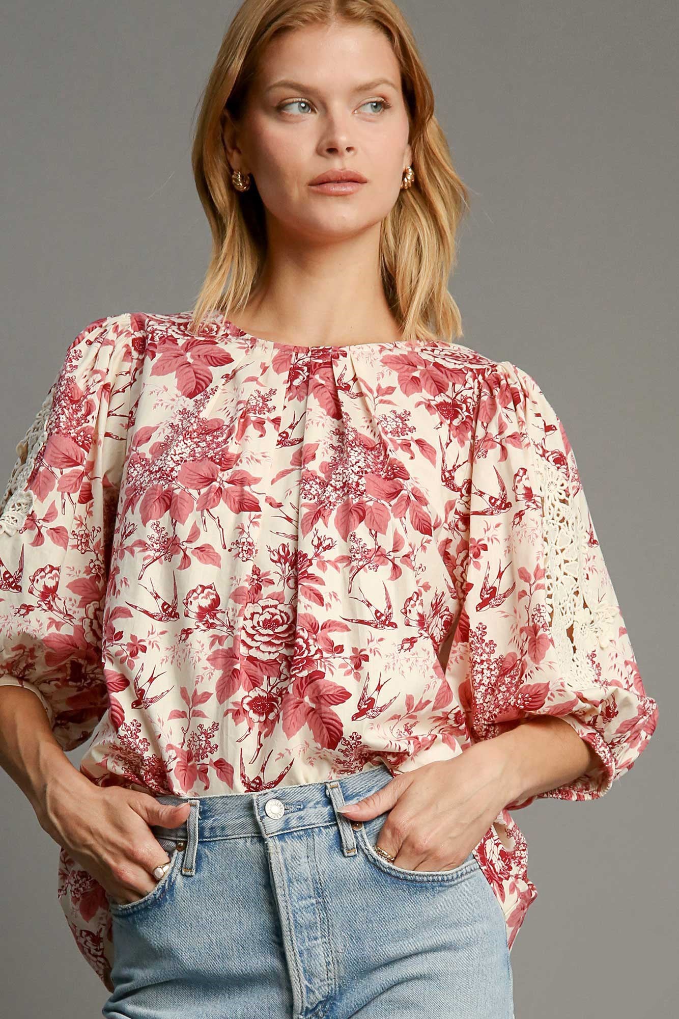 Umgee Floral Pleated Detail Lace Trim Sleeve Blouse-TOPS / DRESSES-[Adult]-[Female]-Pink Mix-S-2022 Online Blue Zone Planet