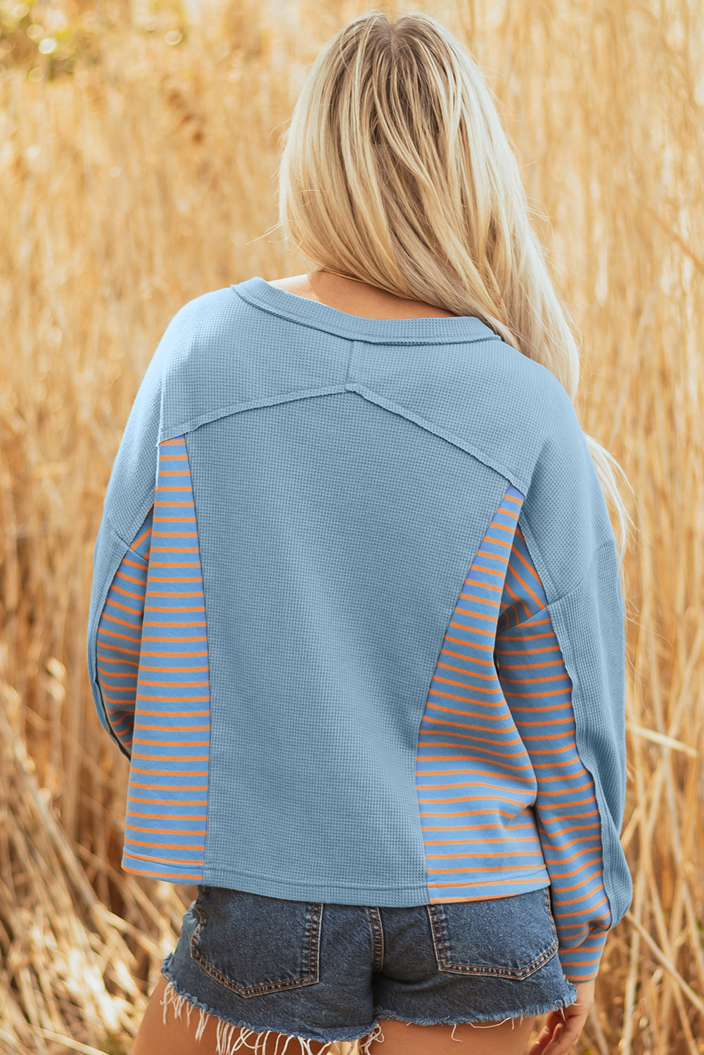 Dusk Blue Exposed Seam Waffle Striped Patchwork Baggy Pullover-Tops/Long Sleeve Tops-[Adult]-[Female]-2022 Online Blue Zone Planet