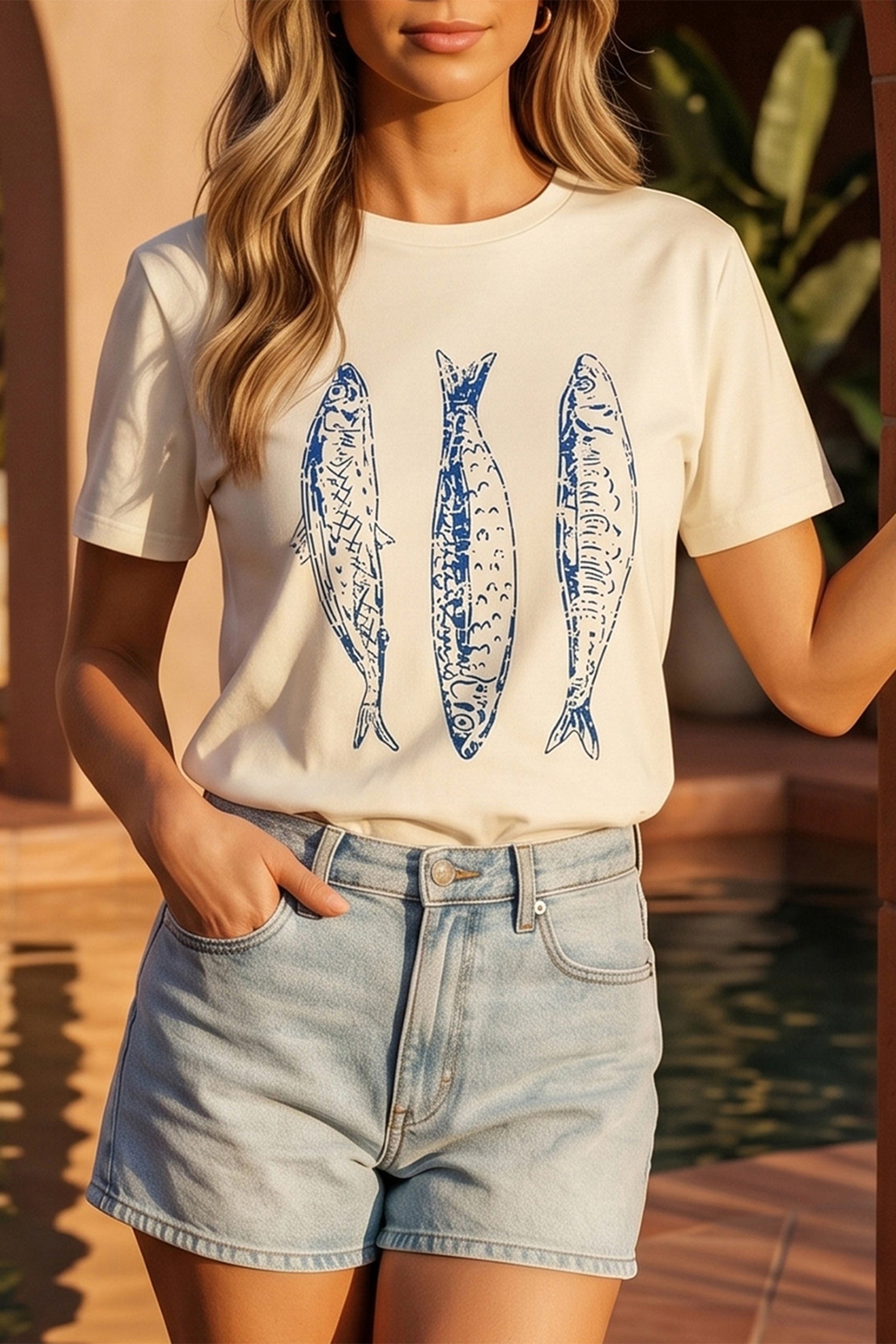 White Fish Print Short Sleeve Round Neck T Shirt-Tops/Tops & Tees-[Adult]-[Female]-2022 Online Blue Zone Planet