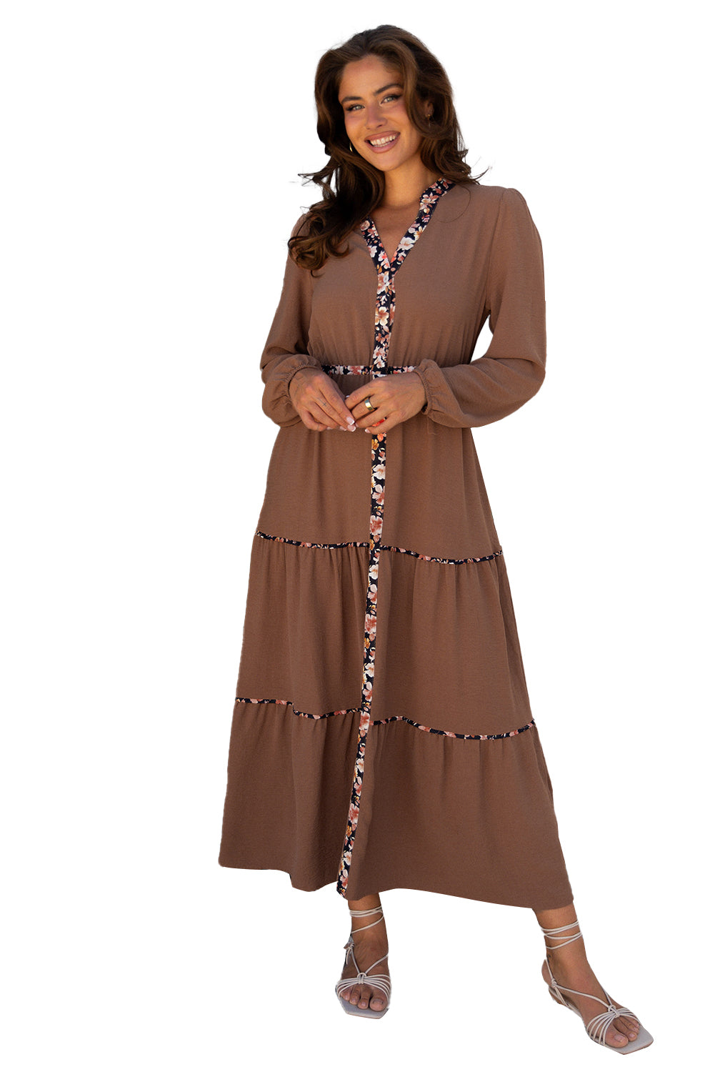Chestnut Floral Patchwork Detail Notched Neck Long Sleeve Maxi Dress-TOPS / DRESSES-[Adult]-[Female]-2022 Online Blue Zone Planet
