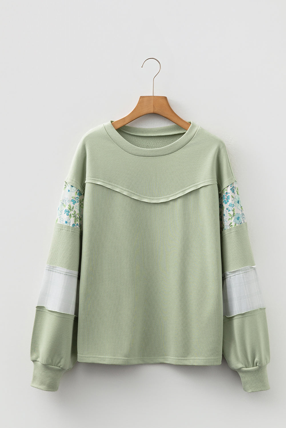 Laurel Green Floral Plaid Mixed Sleeve Raw Edge Relaxed French Terry Top-Tops/Long Sleeve Tops-[Adult]-[Female]-2022 Online Blue Zone Planet