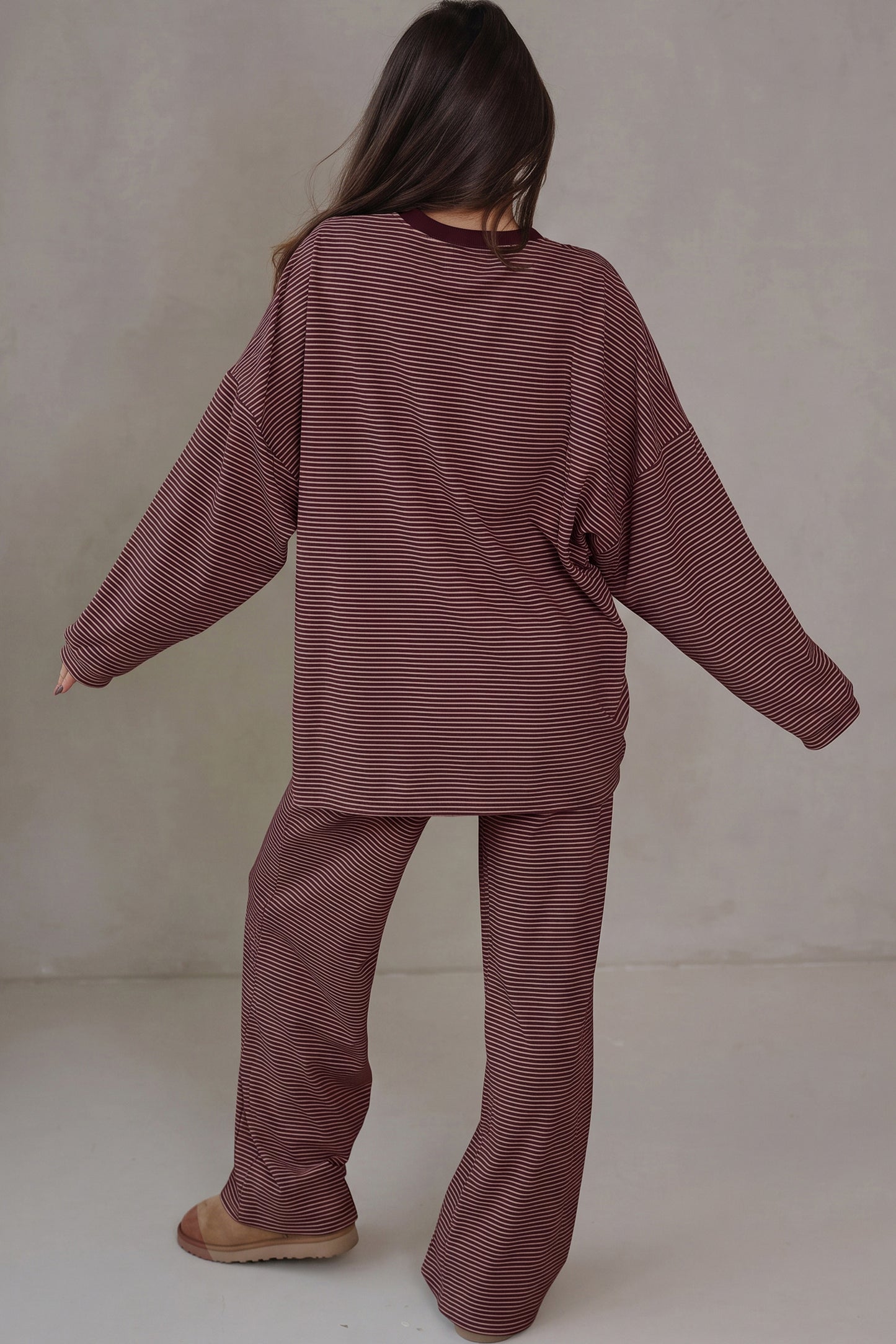 Brown Stripe Contrast Trim Round Neck Oversize Long Sleeve Top 2pcs Pant Set