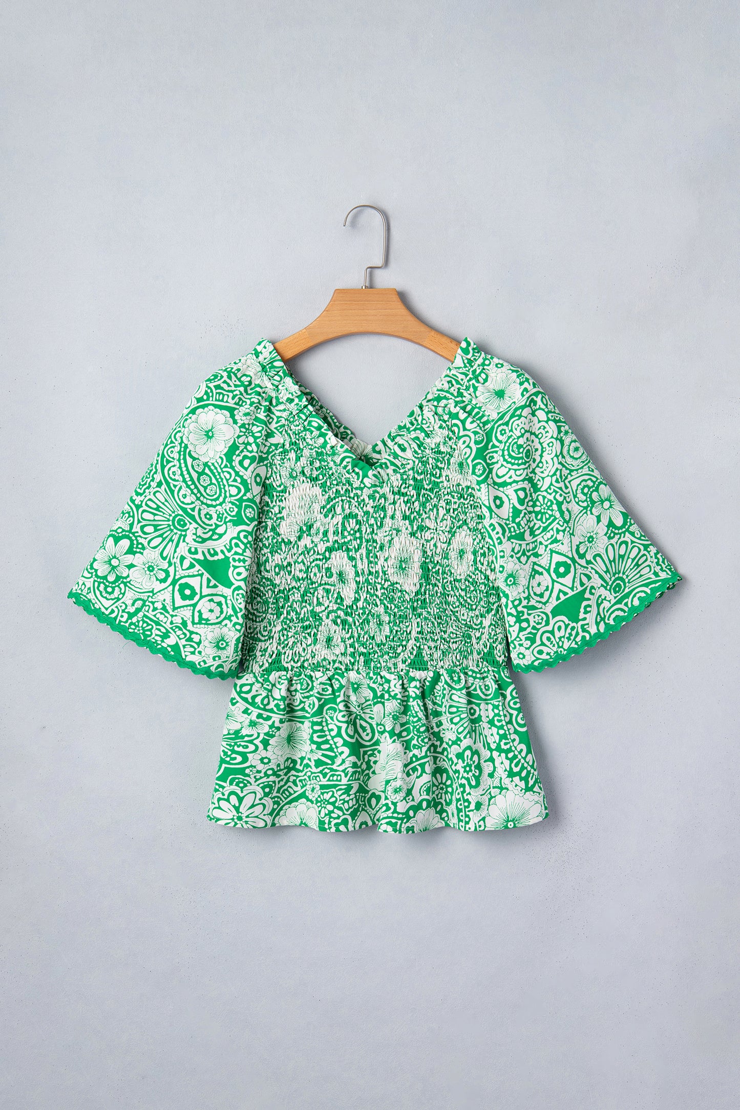 Green Flirty Floral Smocked V Neck Blouse-Tops/Blouses & Shirts-[Adult]-[Female]-2022 Online Blue Zone Planet