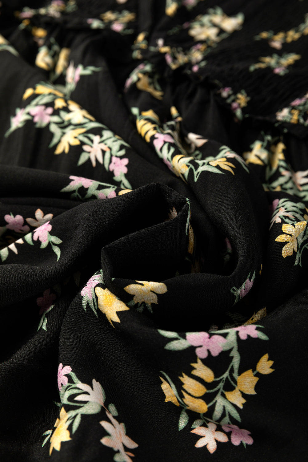 Black Floral Spaghetti Strap Shirred Bodice Tied Empire Waist Maxi Dress-TOPS / DRESSES-[Adult]-[Female]-2022 Online Blue Zone Planet