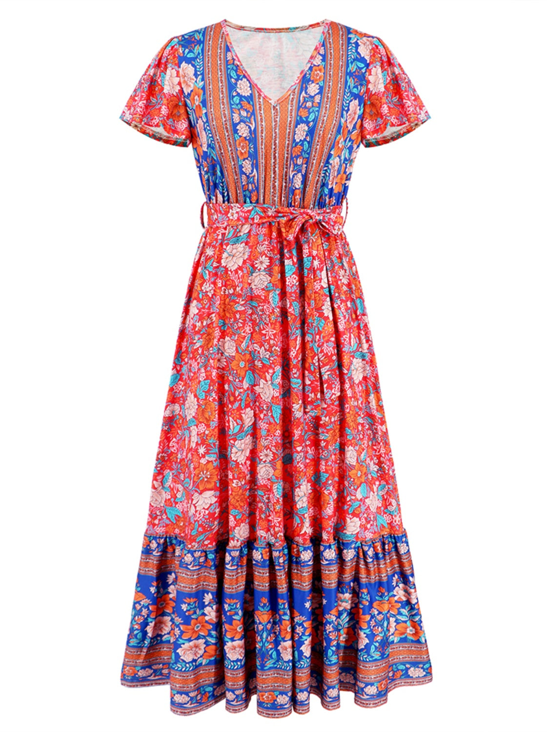 Tied Printed V-Neck Short Sleeve Dress-TOPS / DRESSES-[Adult]-[Female]-2022 Online Blue Zone Planet