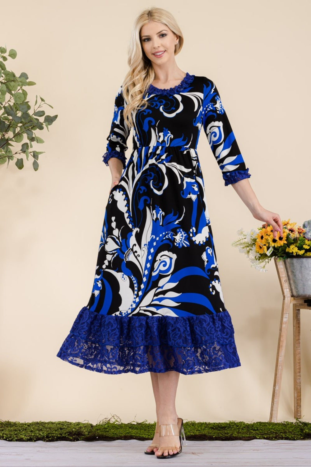 Celeste Full Size Paisley Print Lace Ruffled Midi Dress-TOPS / DRESSES-[Adult]-[Female]-2022 Online Blue Zone Planet