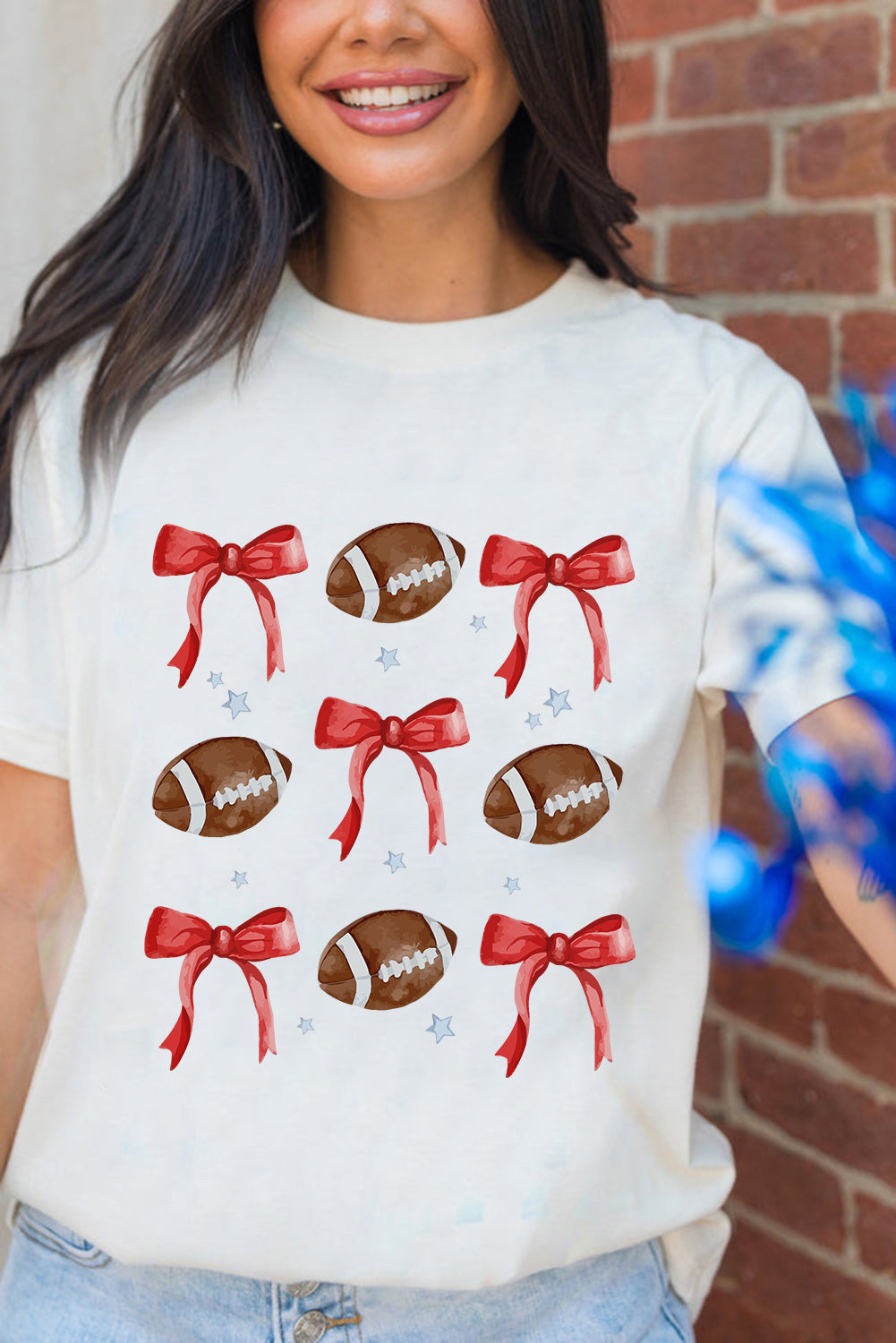White Bowknot Rugby Graphic Crew Neck Tee-Graphic/Graphic Tees-[Adult]-[Female]-2022 Online Blue Zone Planet
