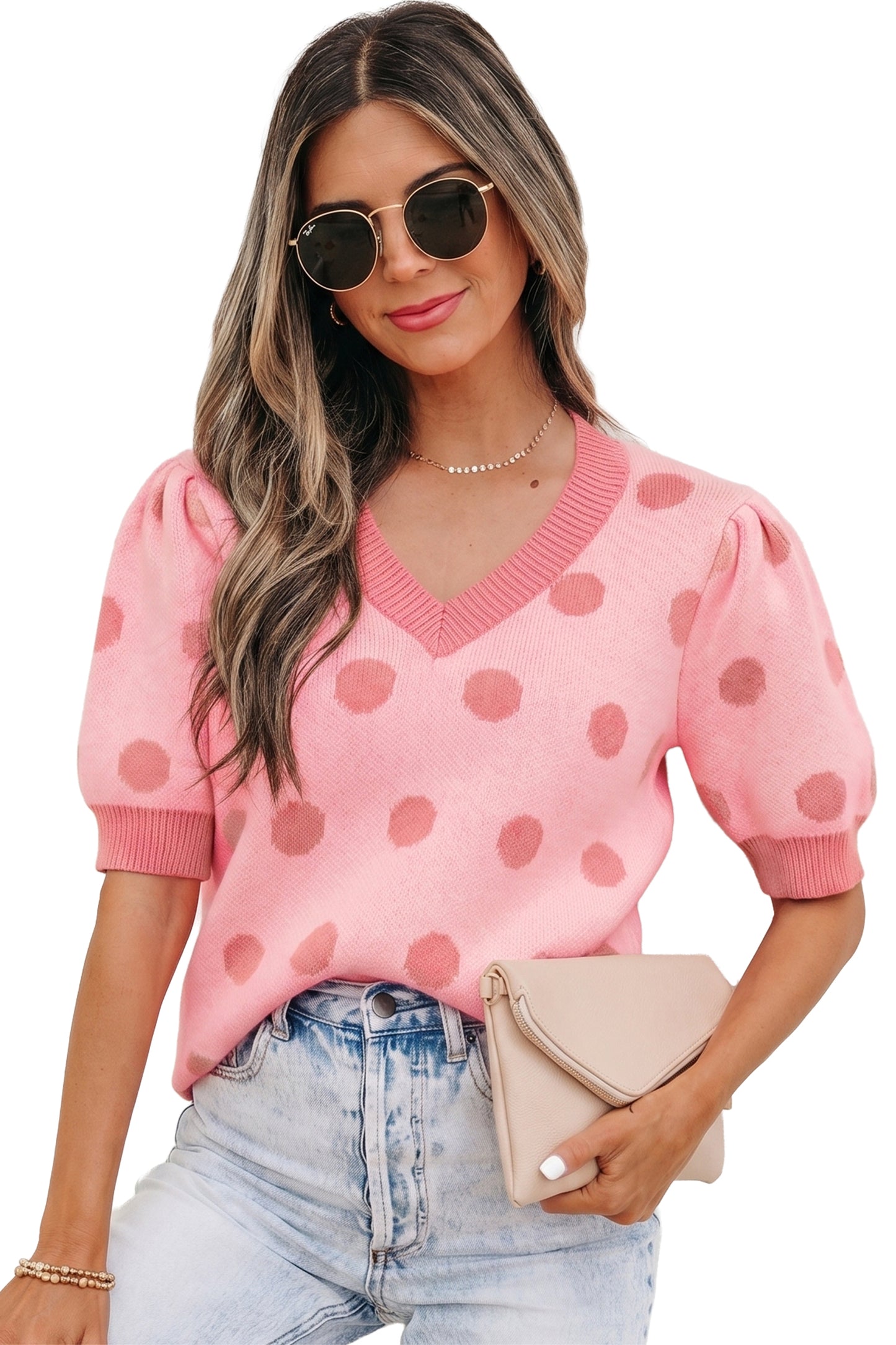 Rose Red Polka Dot Puff Short Sleeve Sweater Top-Sweaters & Cardigans/Short Sleeve Sweaters-[Adult]-[Female]-2022 Online Blue Zone Planet