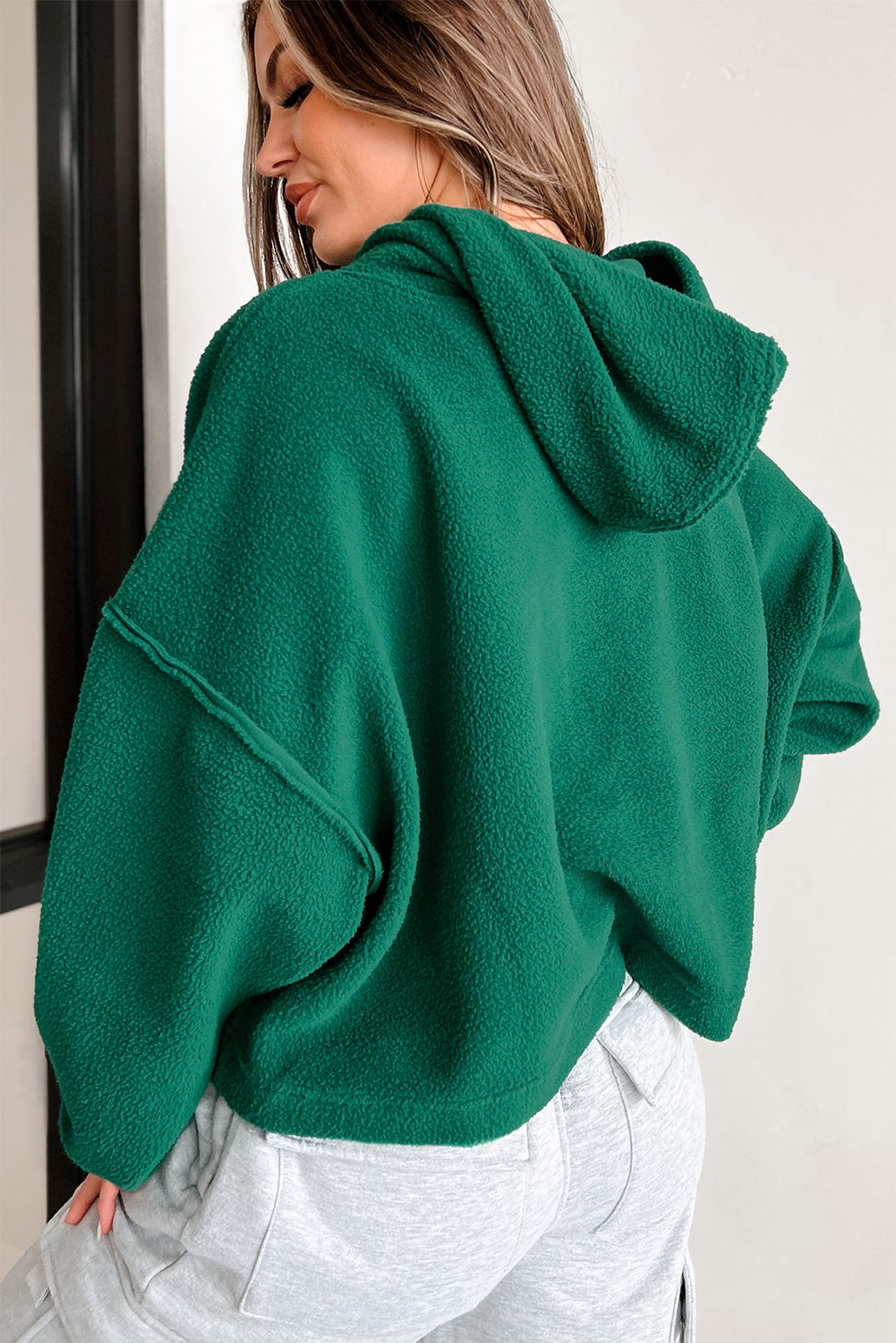 Dark Green Sherpa Fleece Drop Shoulder Hoodie-Tops/Sweatshirts & Hoodies-[Adult]-[Female]-2022 Online Blue Zone Planet