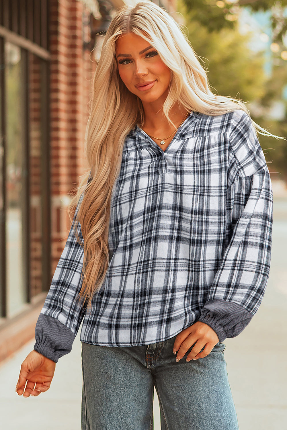 Gray Plaid Patchwork Long Sleeve Button Hooded Blouse-Tops / Dresses-[Adult]-[Female]-2022 Online Blue Zone Planet