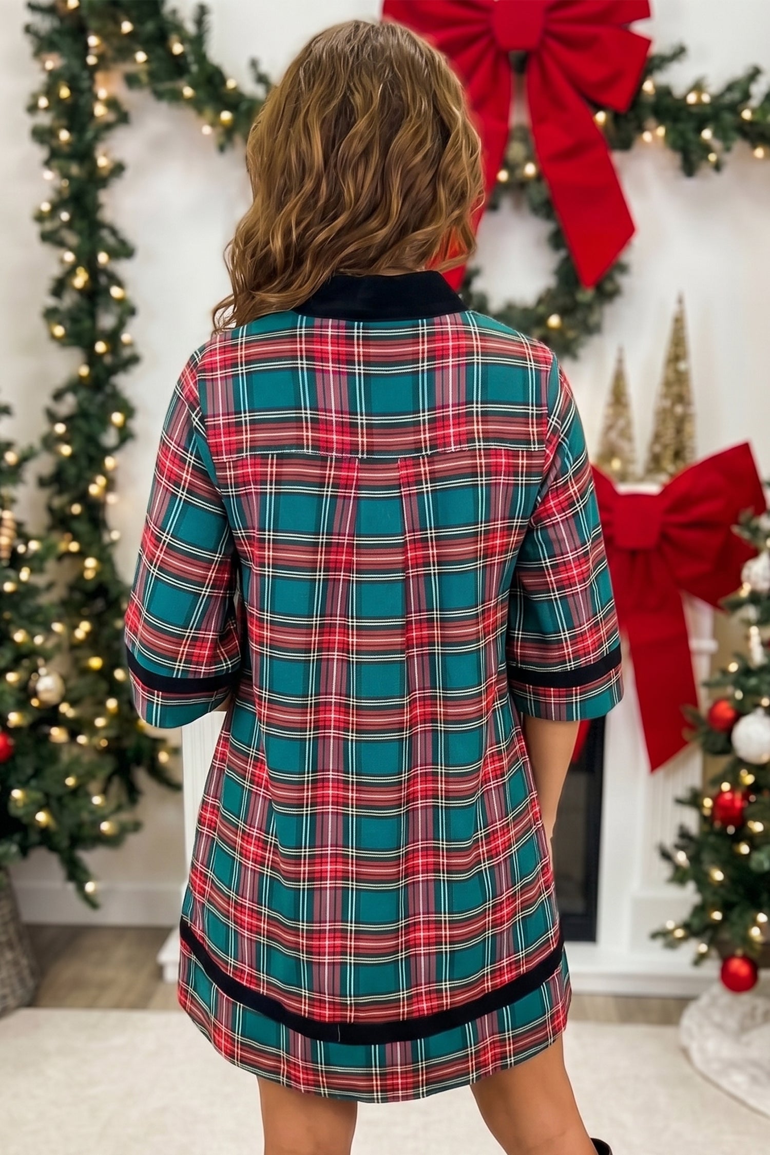Green Plaid Velvet Trim Pockets Short Shift Dress-TOPS / DRESSES-[Adult]-[Female]-2022 Online Blue Zone Planet