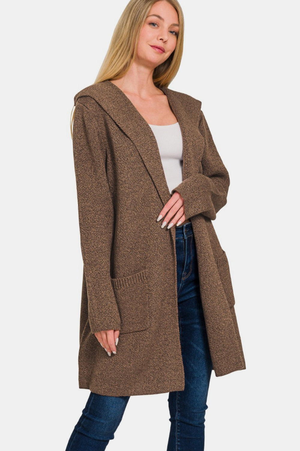 Zenana Hooded Open Front Sweater Cardigan-TOPS / DRESSES-[Adult]-[Female]-Brown-S-2022 Online Blue Zone Planet