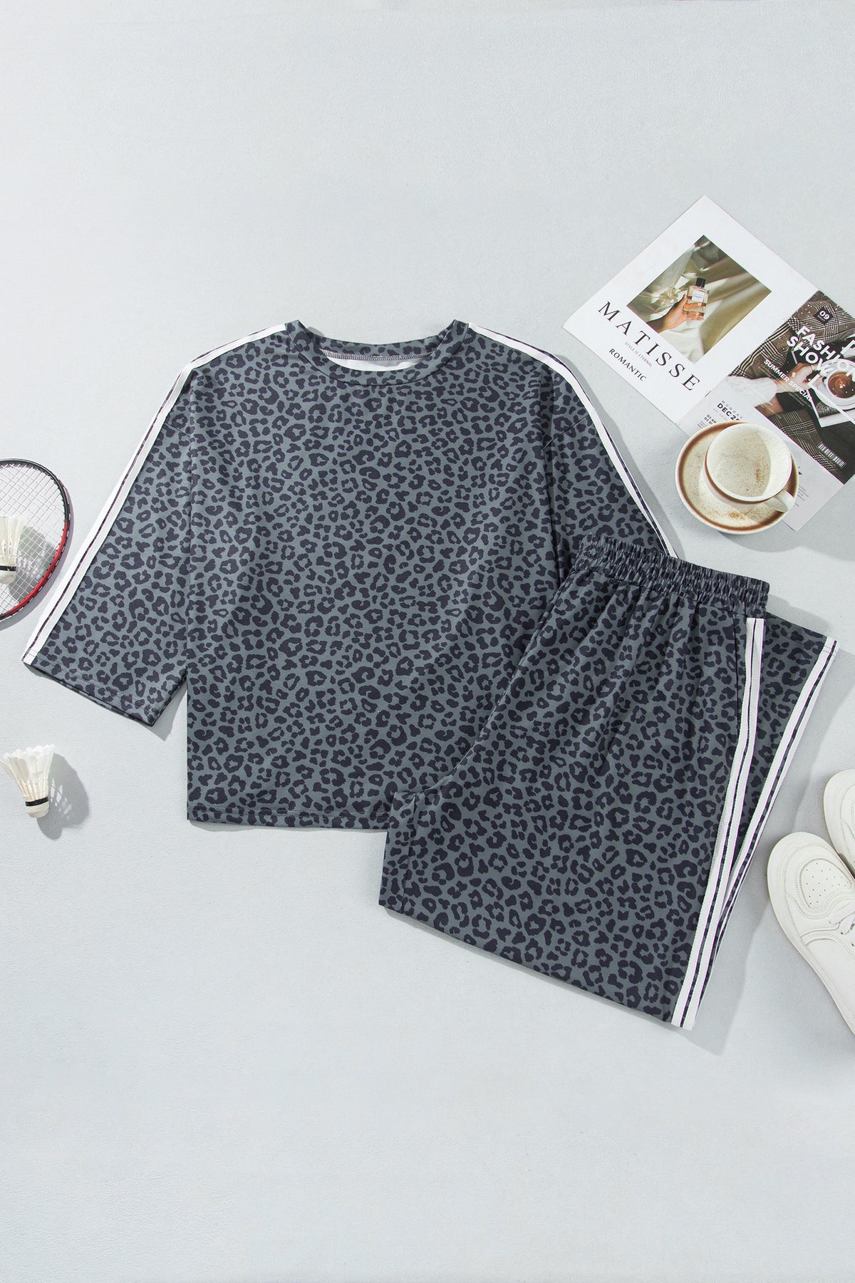 Gray Leopard Print Bracelet Sleeve Top Plus Size Loose Pants Set-Bracelet-[Adult]-[Female]-2022 Online Blue Zone Planet