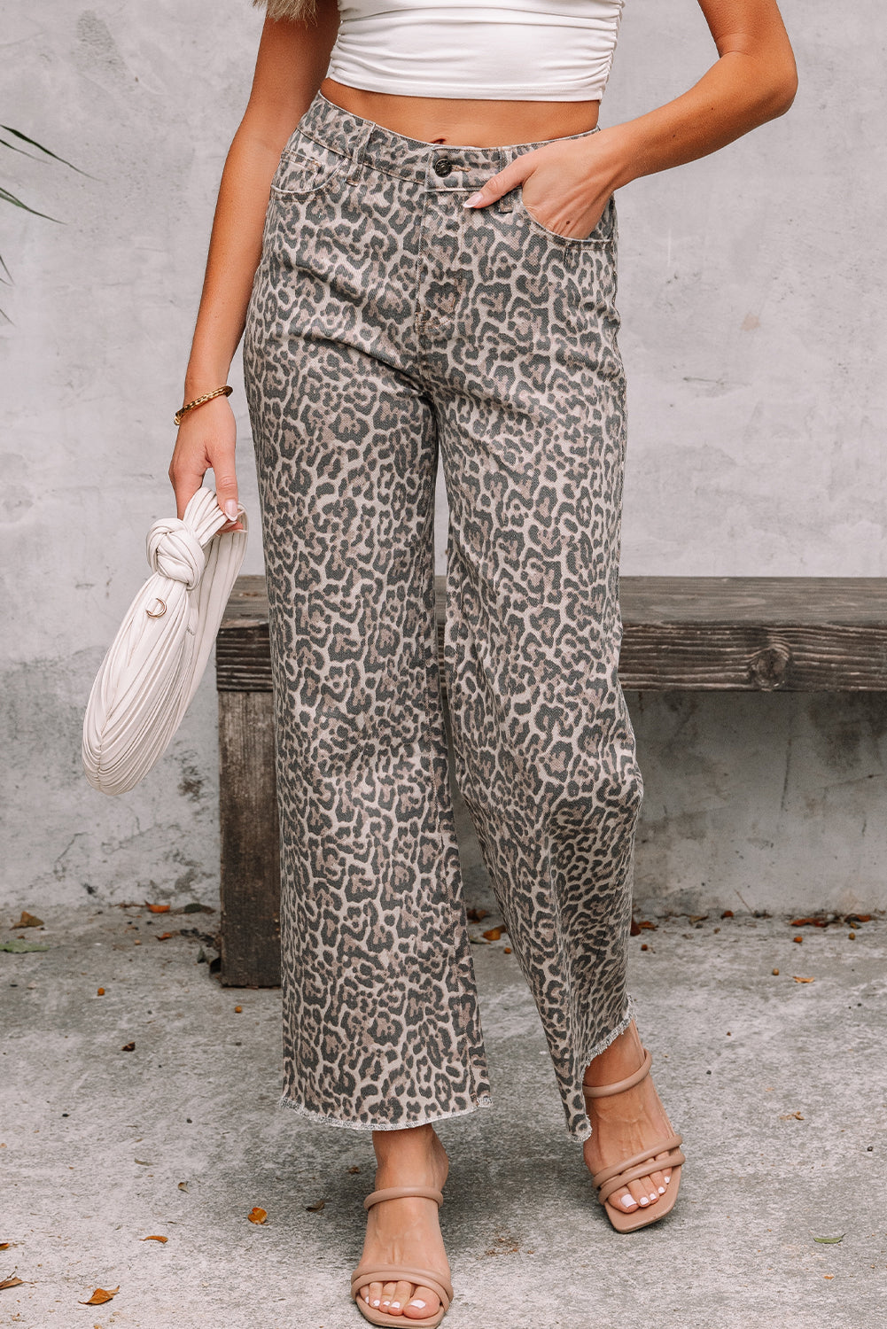 Brown Leopard Frayed Edge Wide Leg High Waist Jeans-Bottoms/Jeans-[Adult]-[Female]-2022 Online Blue Zone Planet