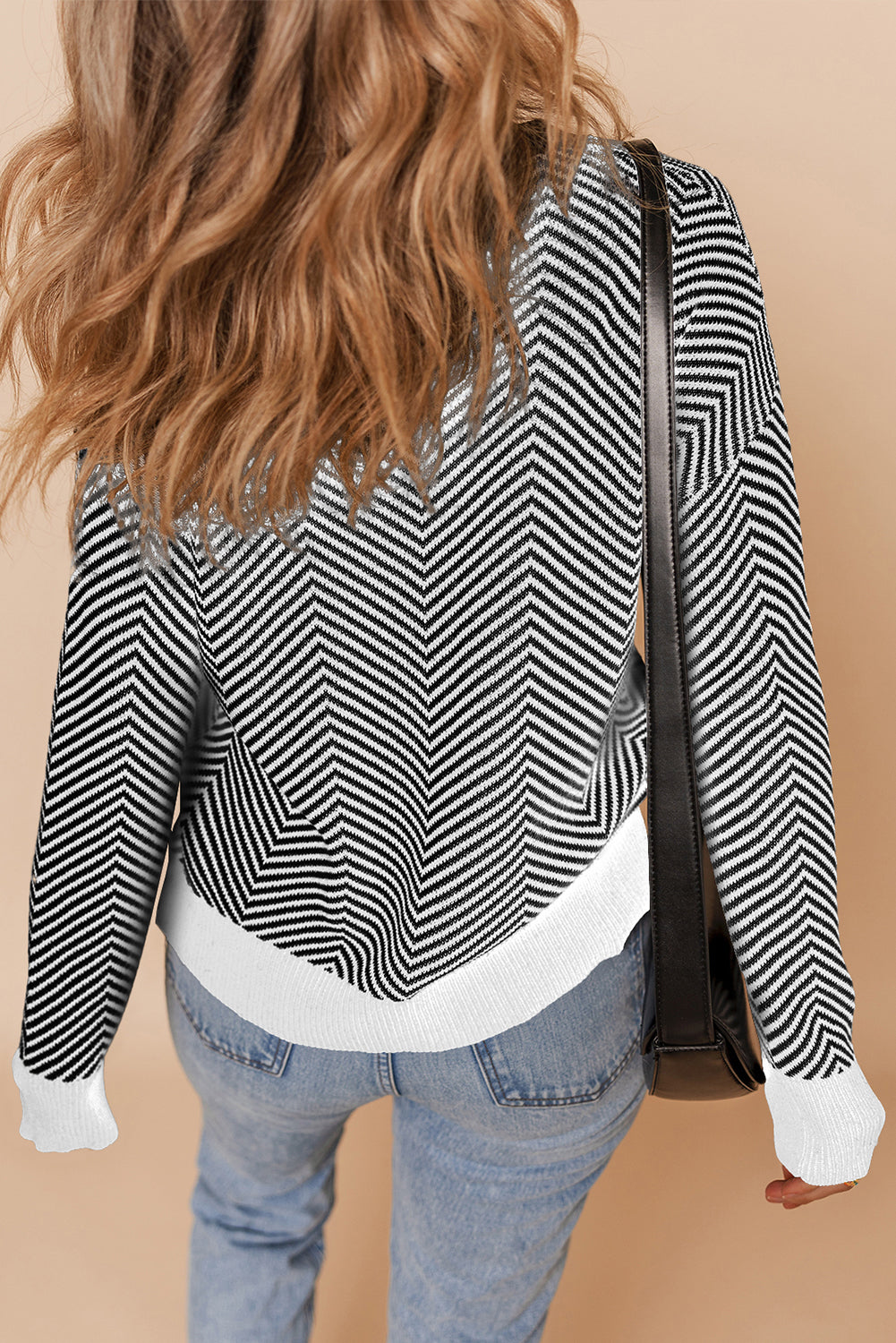 Black Stripe Buttoned Front V Neck Herringbone Cardigan-Sweaters & Cardigans/Cardigans-[Adult]-[Female]-2022 Online Blue Zone Planet
