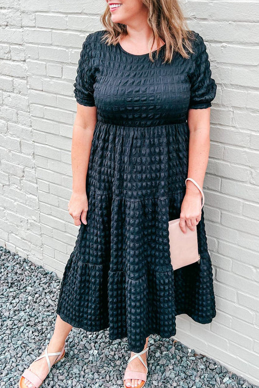 Black Plus Size Textured Tiered Short Sleeve Maxi Dress-TOPS / DRESSES-[Adult]-[Female]-2022 Online Blue Zone Planet