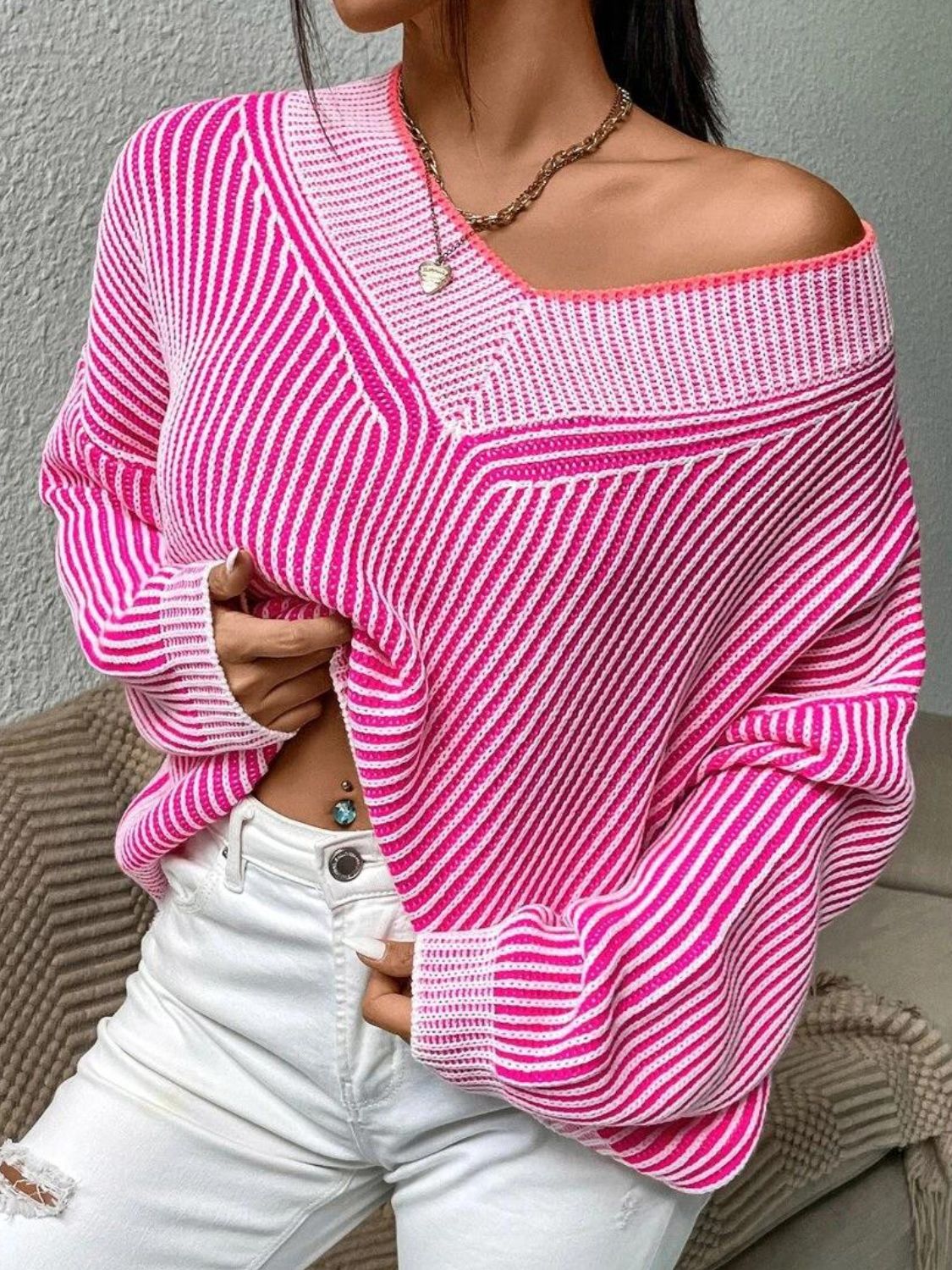 Striped V-Neck Long Sleeve Sweater-TOPS / DRESSES-[Adult]-[Female]-Hot Pink-One Size-2022 Online Blue Zone Planet