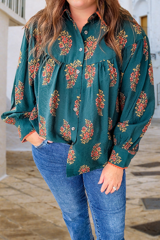 Green Plus Size Floral Print Contrast Lacy Trim Pleated Loose Shirt